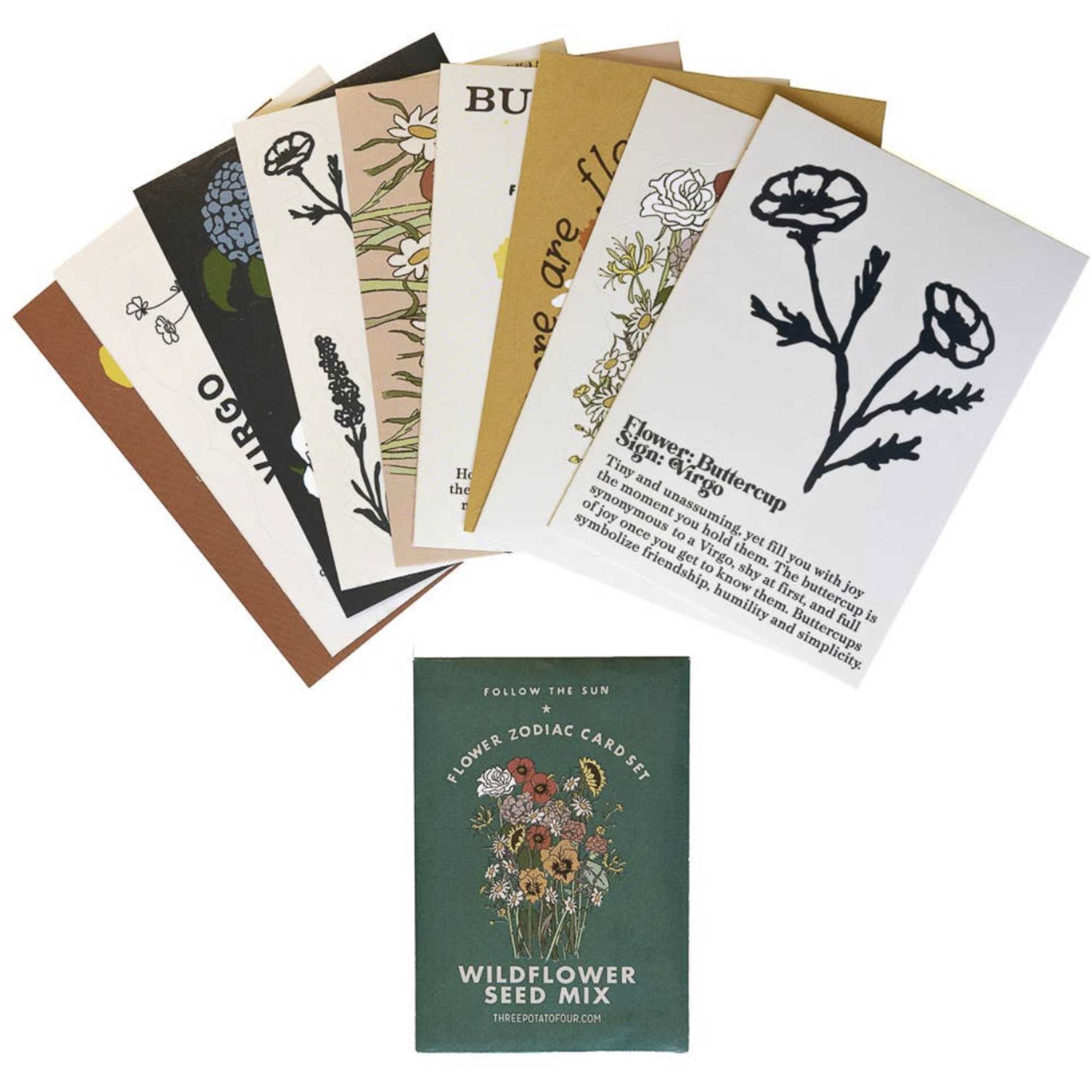Assorted flower-themed cards and a wildflower seed packet