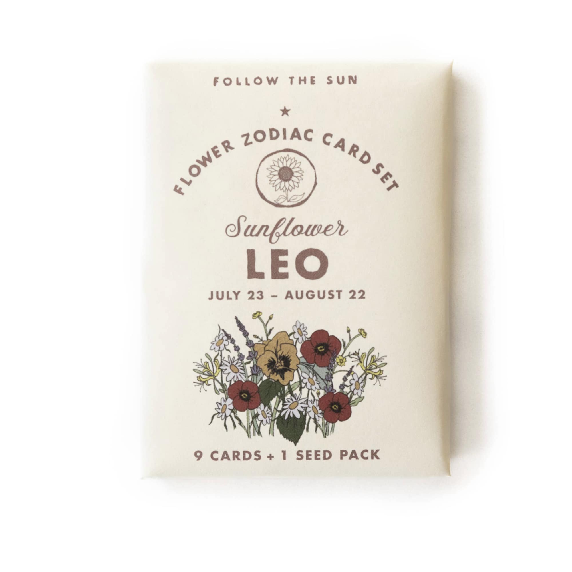 Flower zodiac card set package labeled Leo with sunflower artwork
