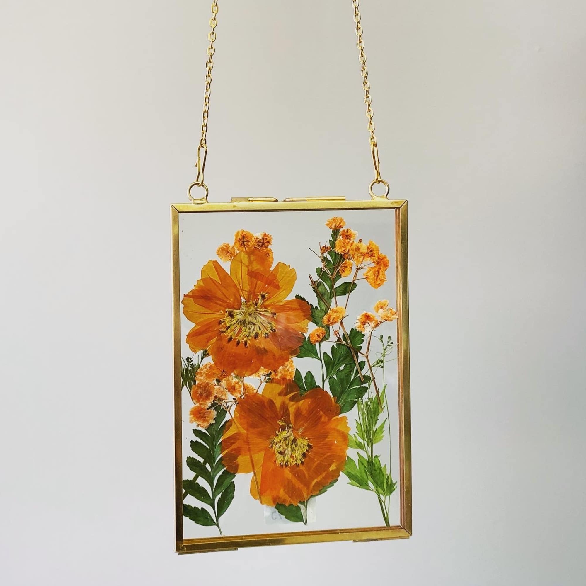 Pressed orange flowers in a gold hanging frame
