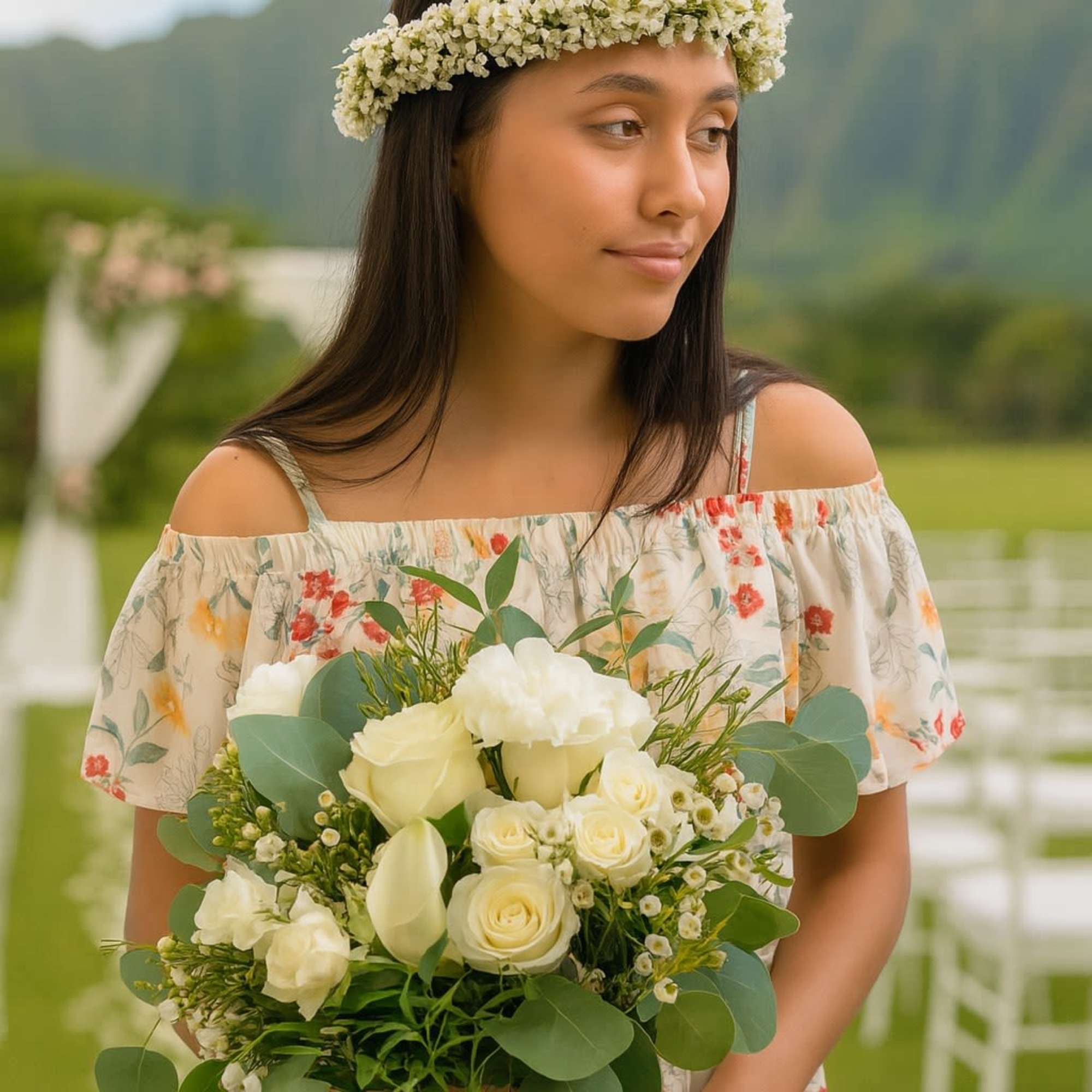Woman with white flower crown holding white rose bouquet at an outdoor ceremony