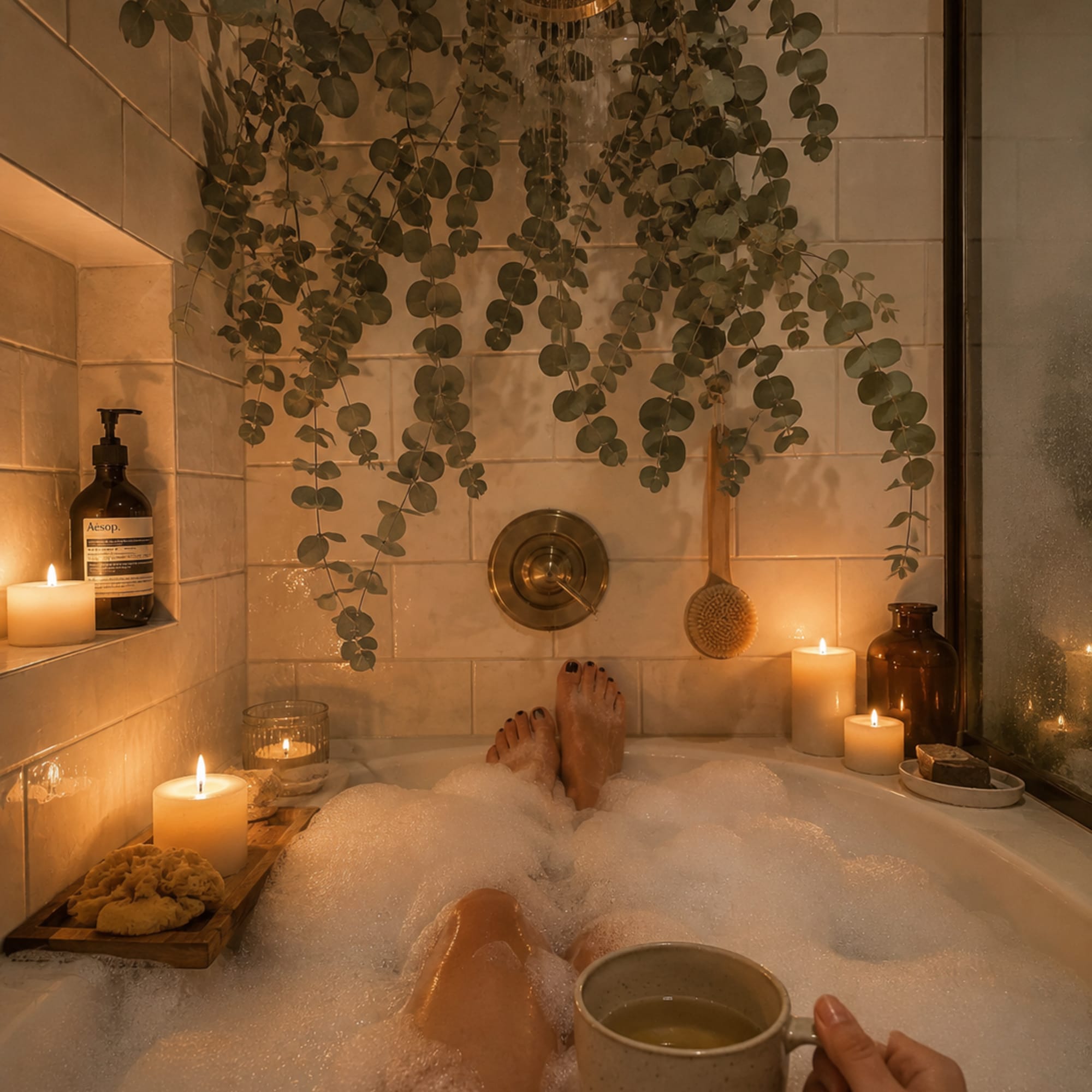 Candles and eucalyptus hang over a bubble bath with a mug in hand