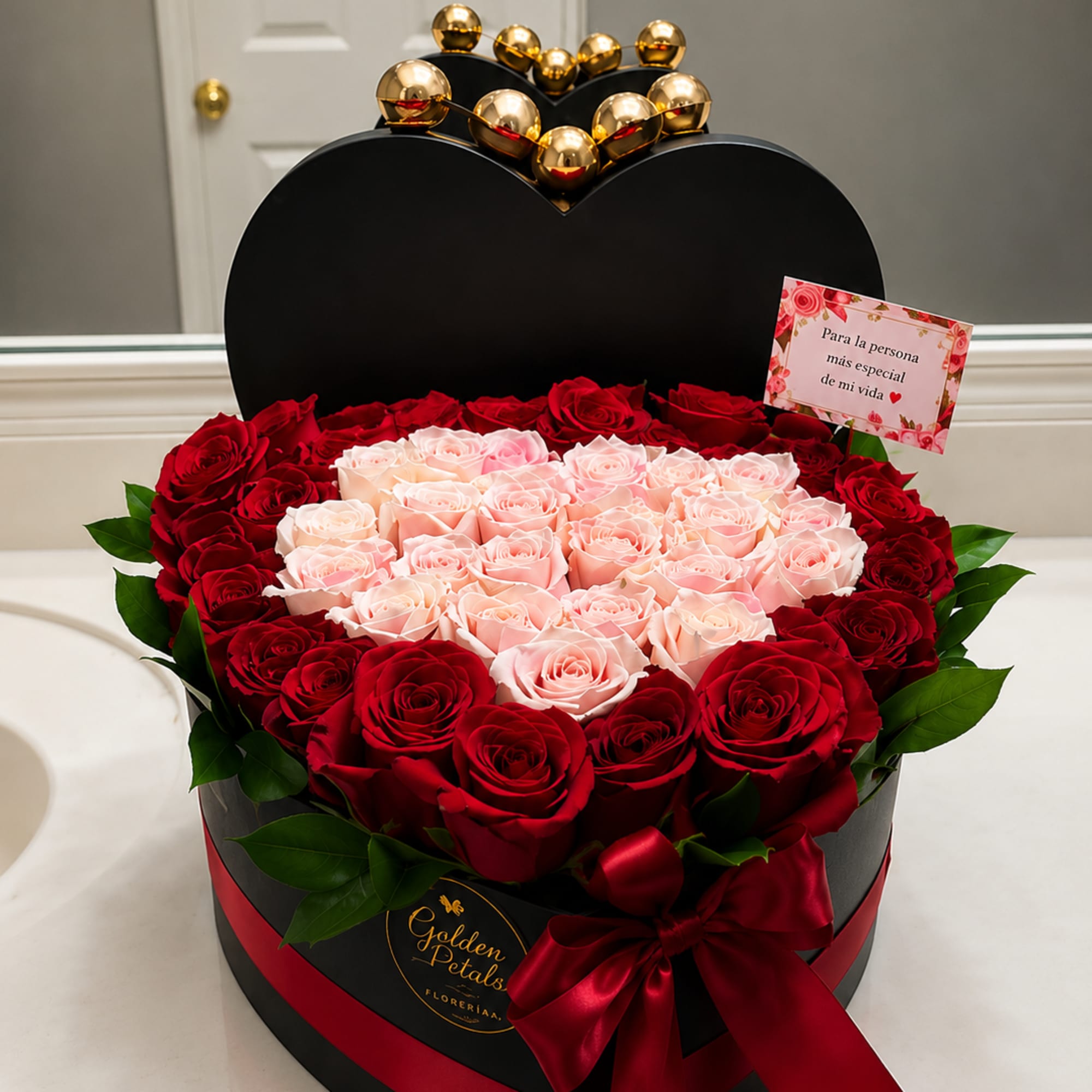 Heart-shaped box of red and blush roses with a red ribbon and gold topper