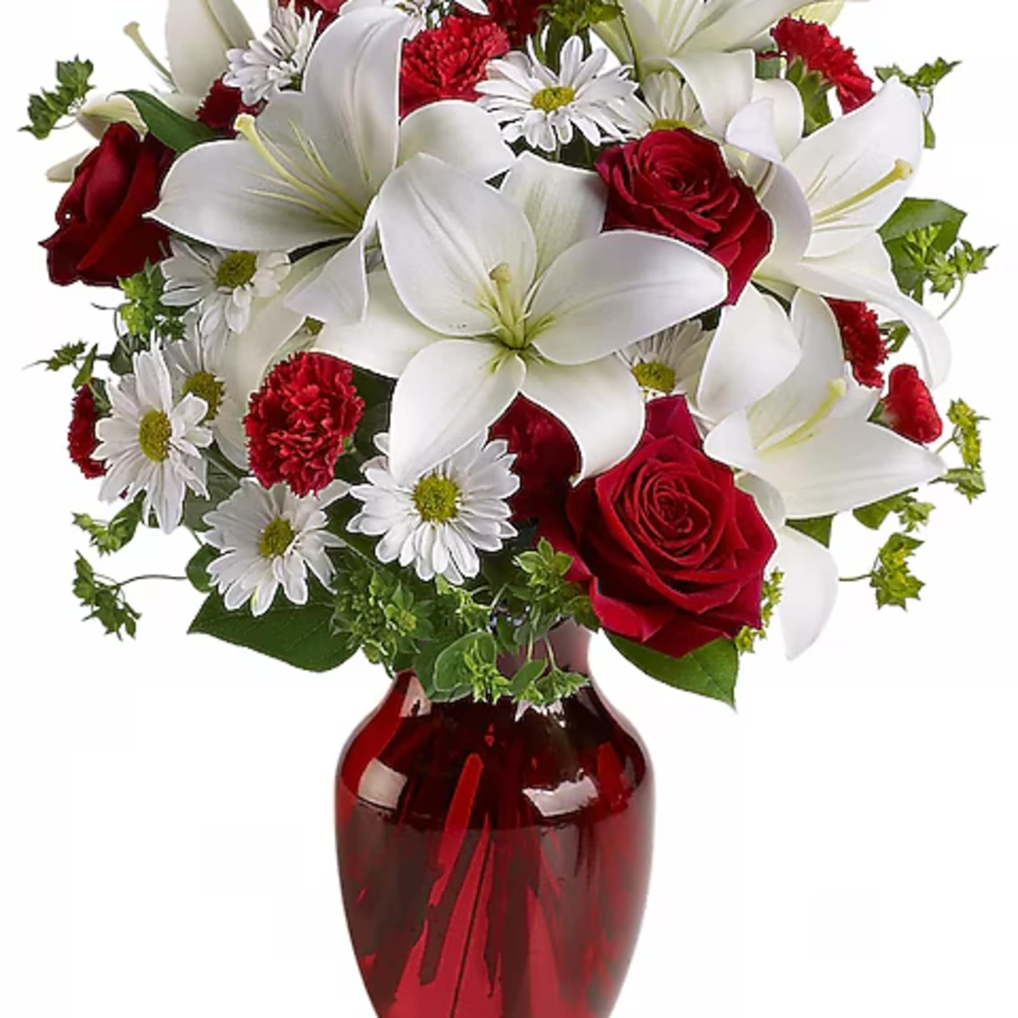 Red roses and white lilies in a red glass vase
