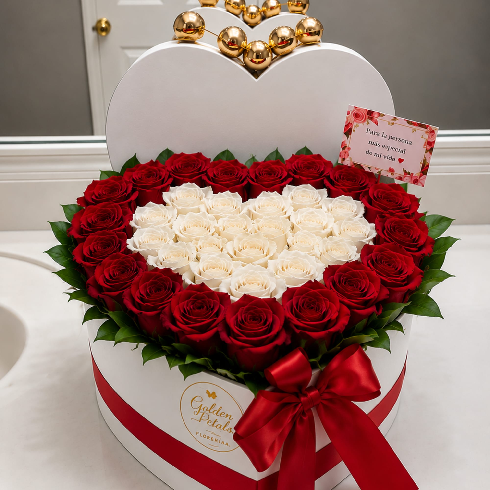 Heart-shaped box of red and white roses with a red ribbon and gold balloons