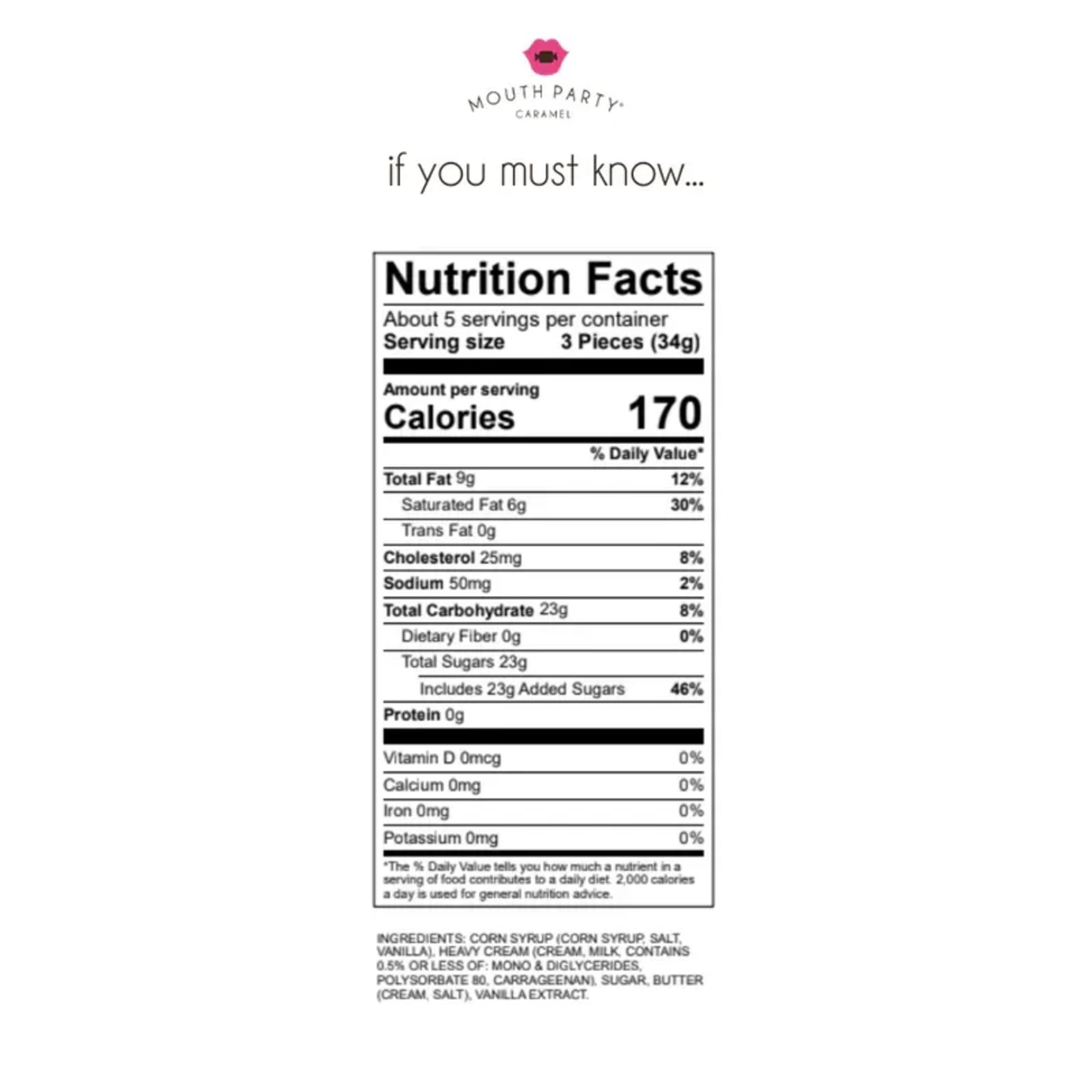 Caramel candy package with a nutrition facts label