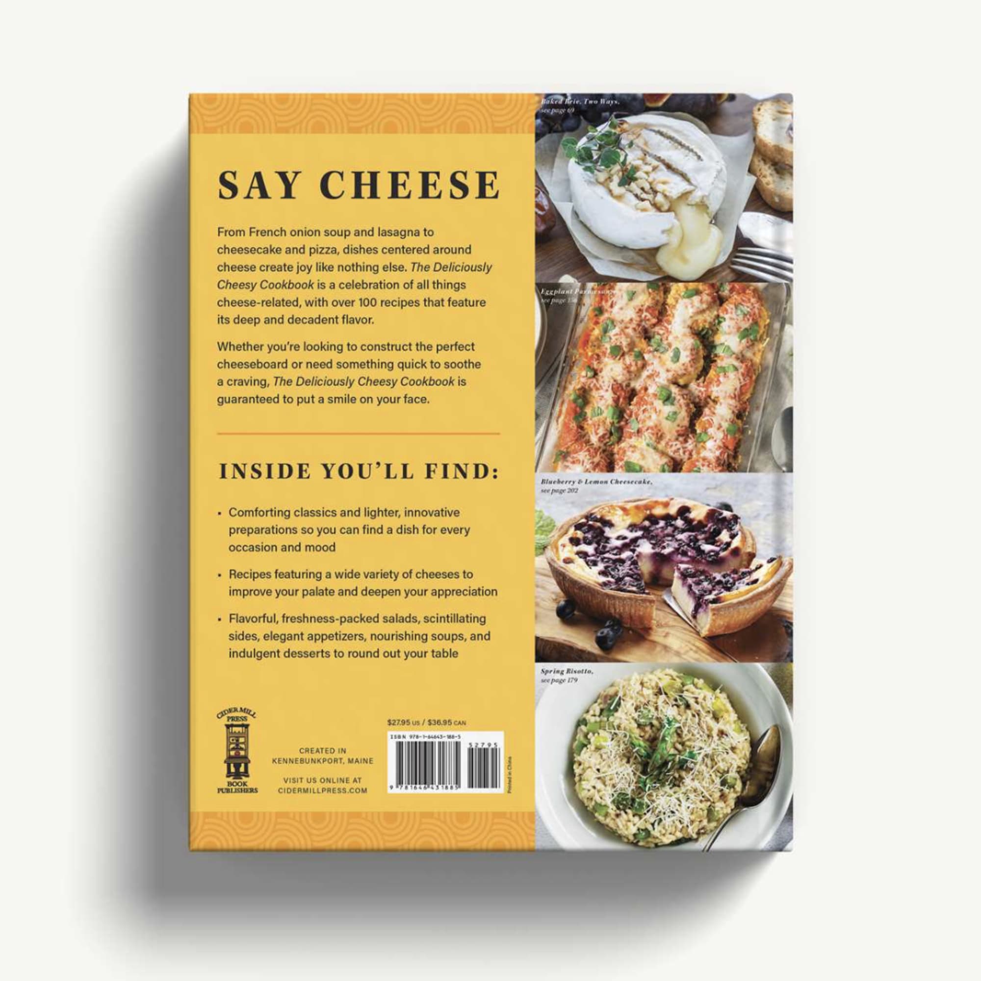 Cookbook cover with cheese dishes and yellow text panel