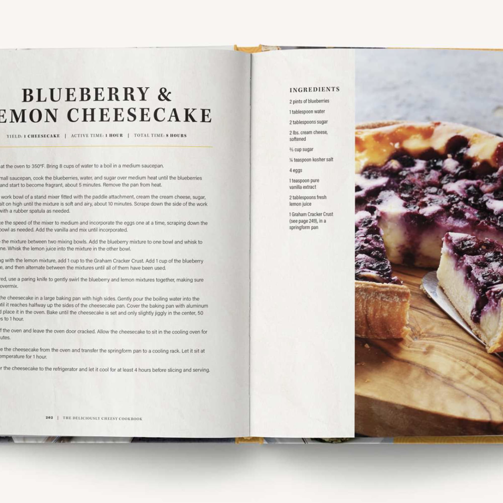 Open cookbook showing a blueberry lemon cheesecake recipe and photo