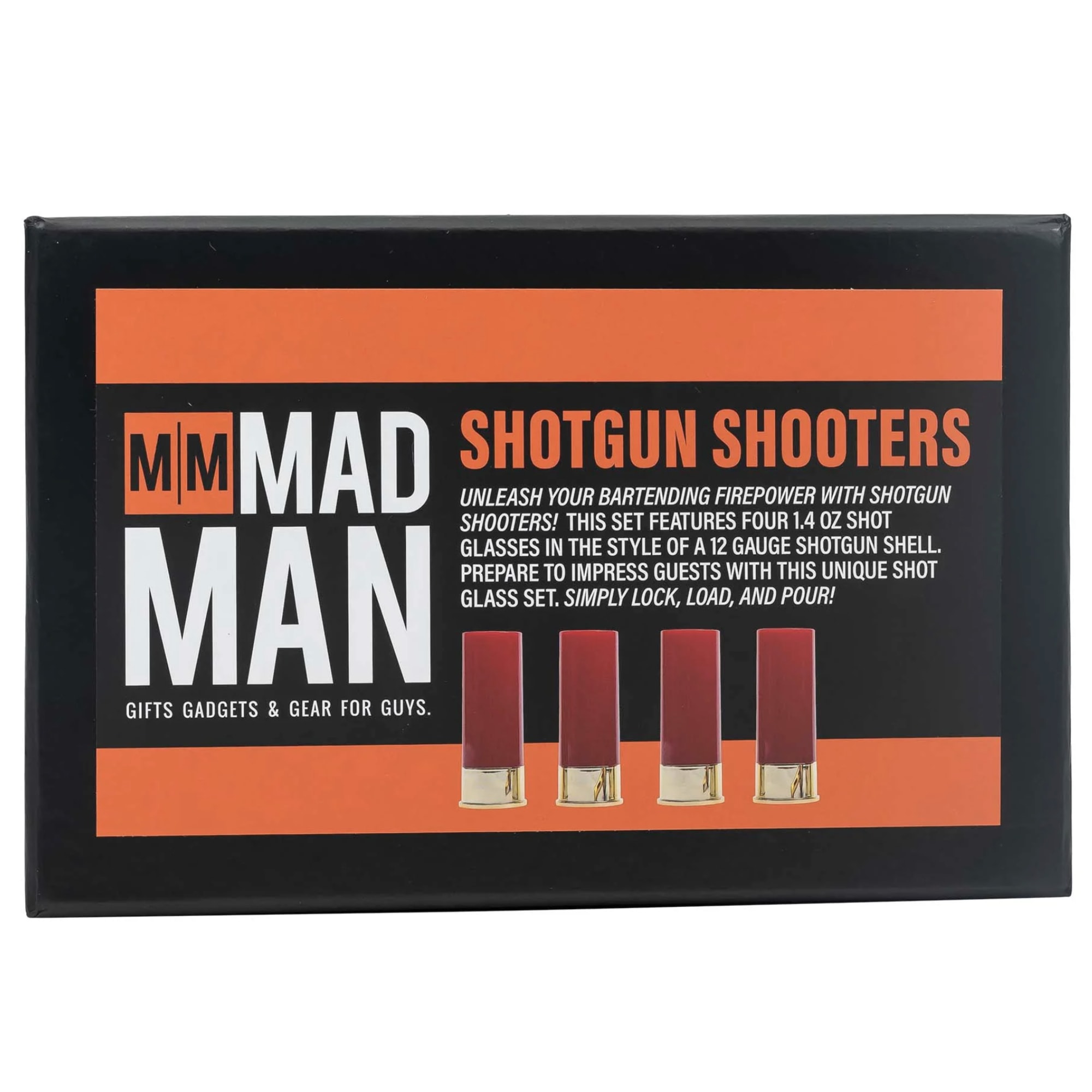Boxed set of shotgun-shaped shot glasses with red tops
