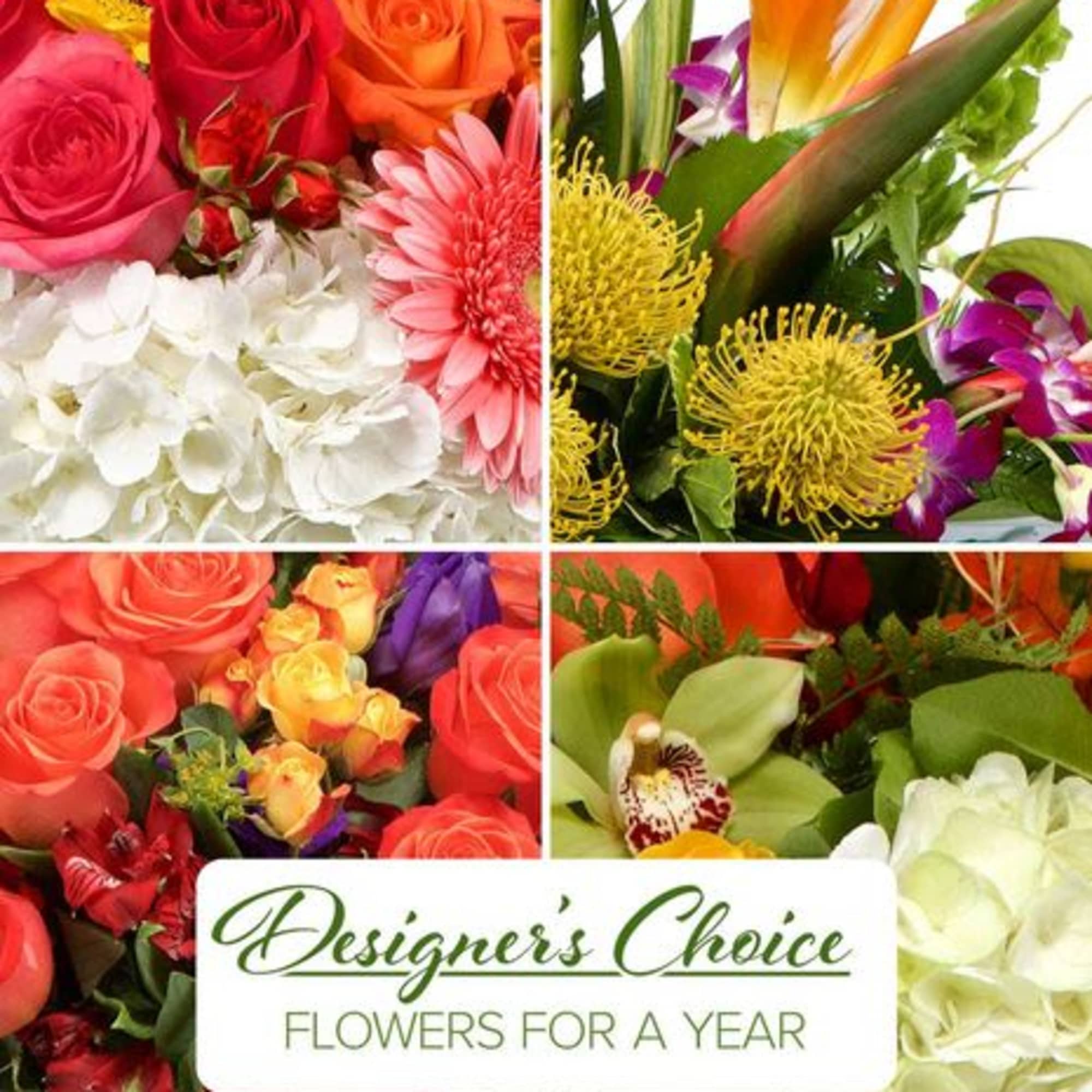 Collage of colorful mixed flower bouquets with a designer's choice label