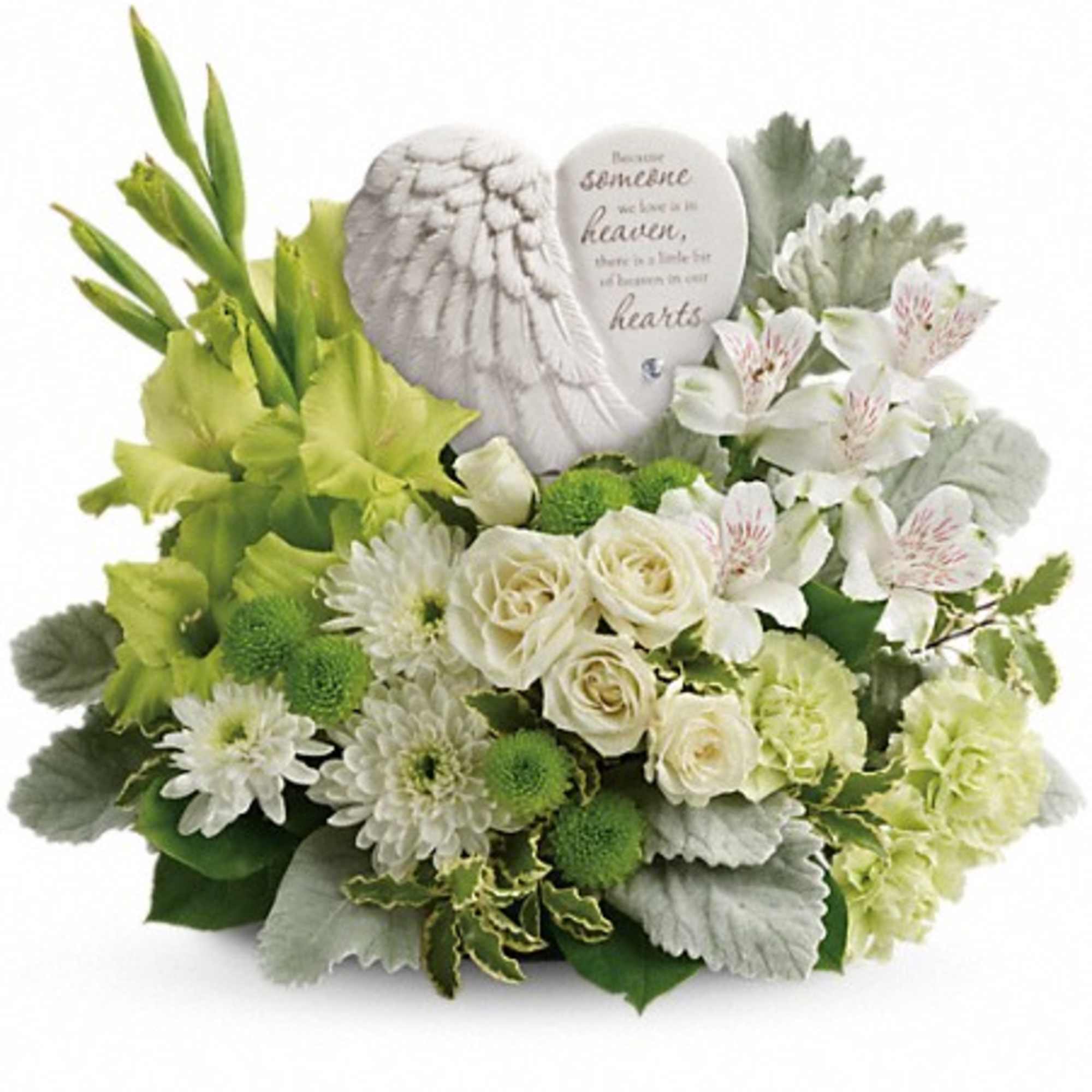 White and green sympathy bouquet with a memorial angel stone