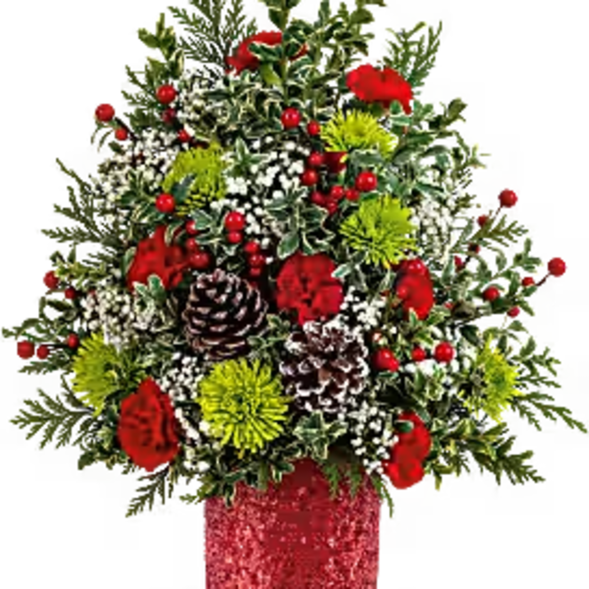  Holiday Cheer Tree is brimming with joy! Red carnations, green mums