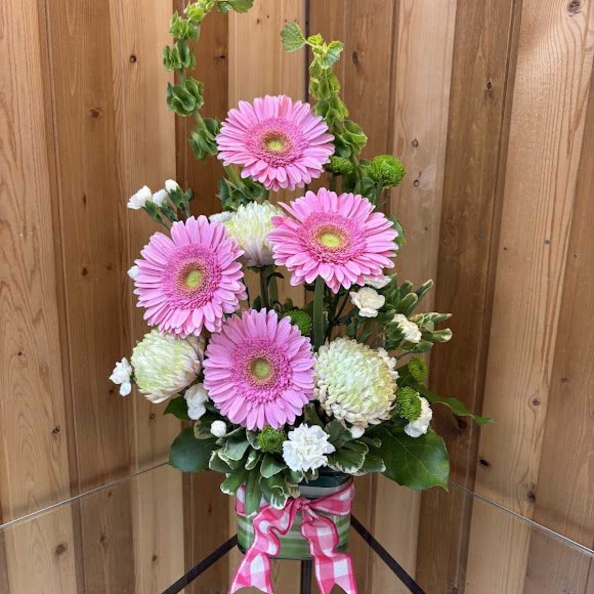 Tall arrangement of pink gerbera daisies and white mums in a striped container with a pink gingham bow.