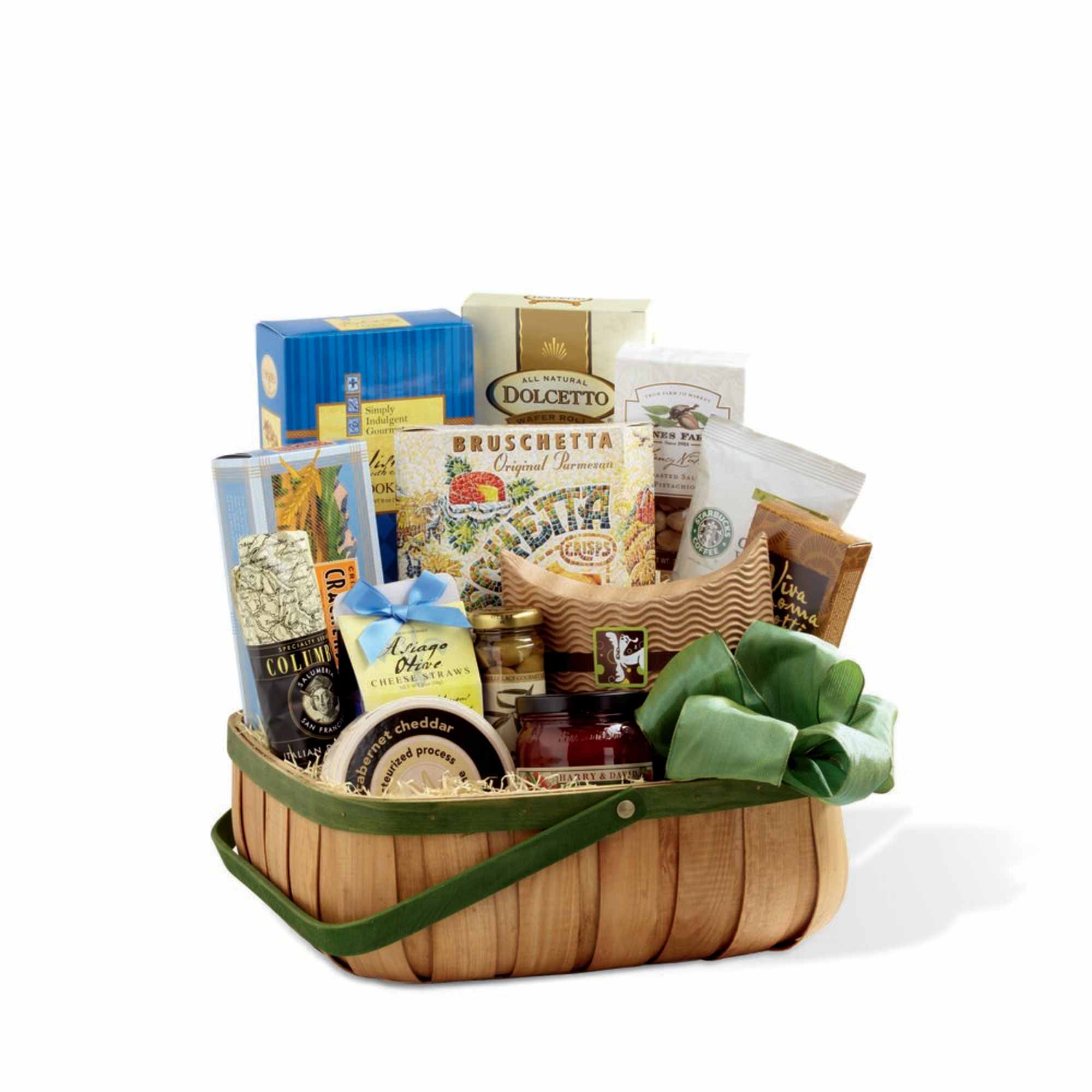 Gift basket filled with assorted snacks and packaged foods