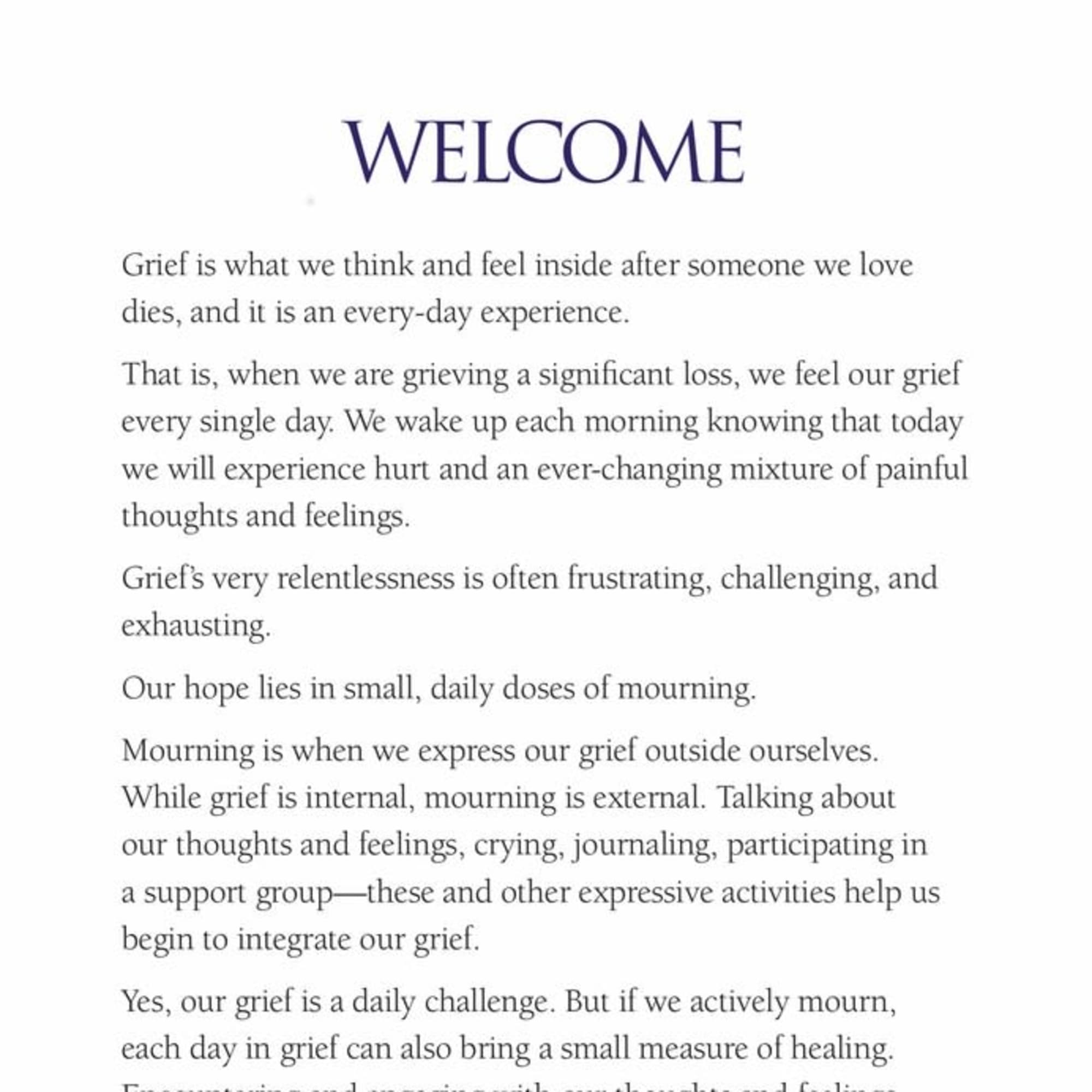 A white page with the word WELCOME and a paragraph about grief