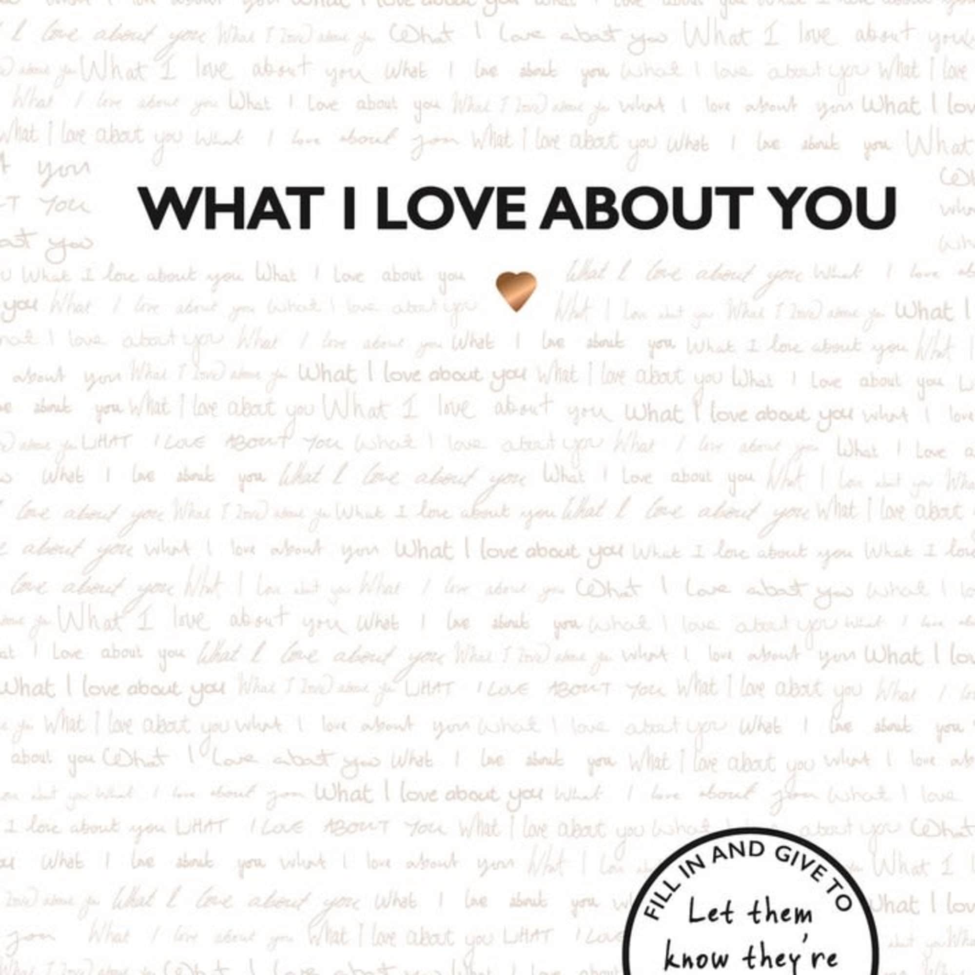 White gift wrap printed with "What I Love About You" and a small heart