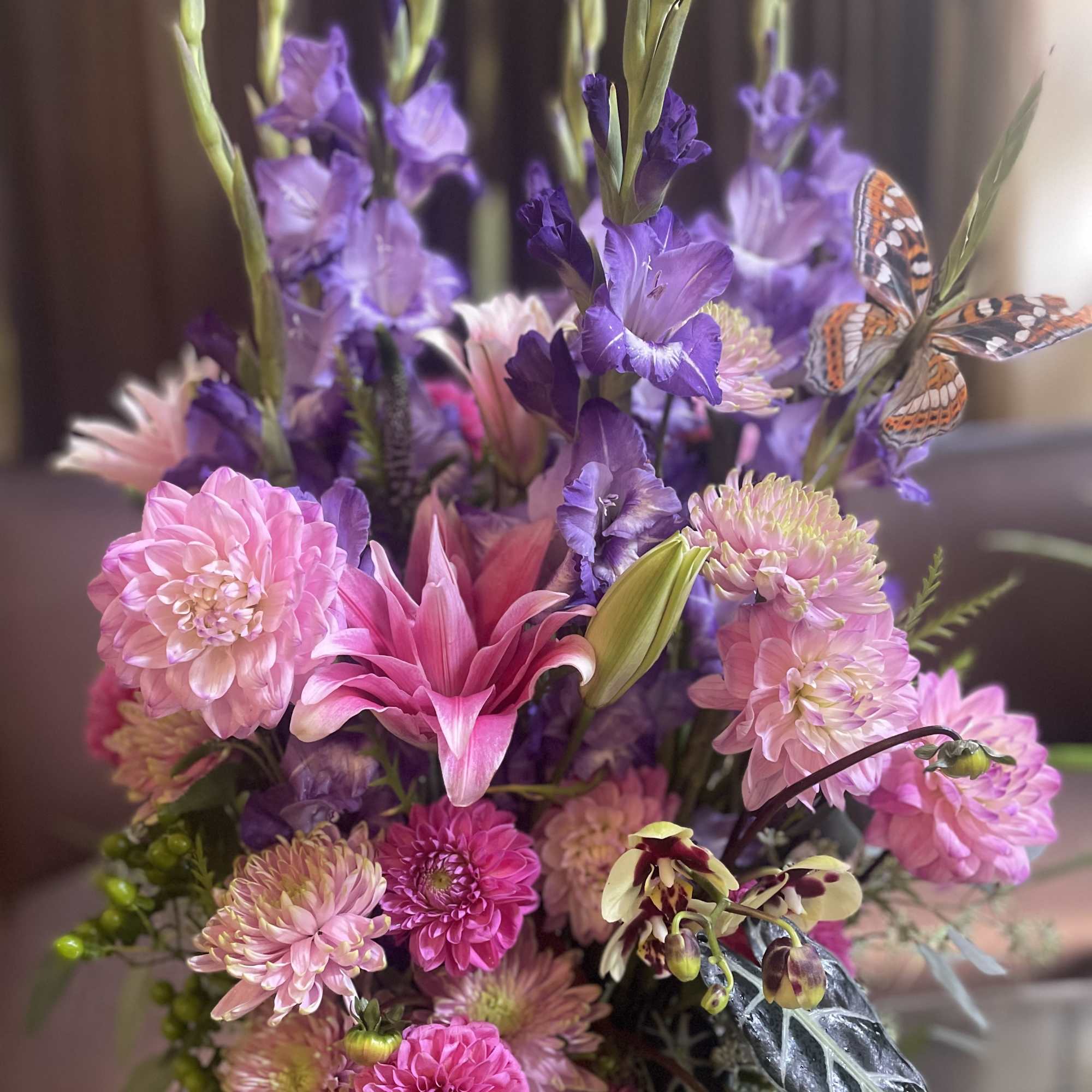 Pink and purple mixed bouquet with lilies and dahlias
