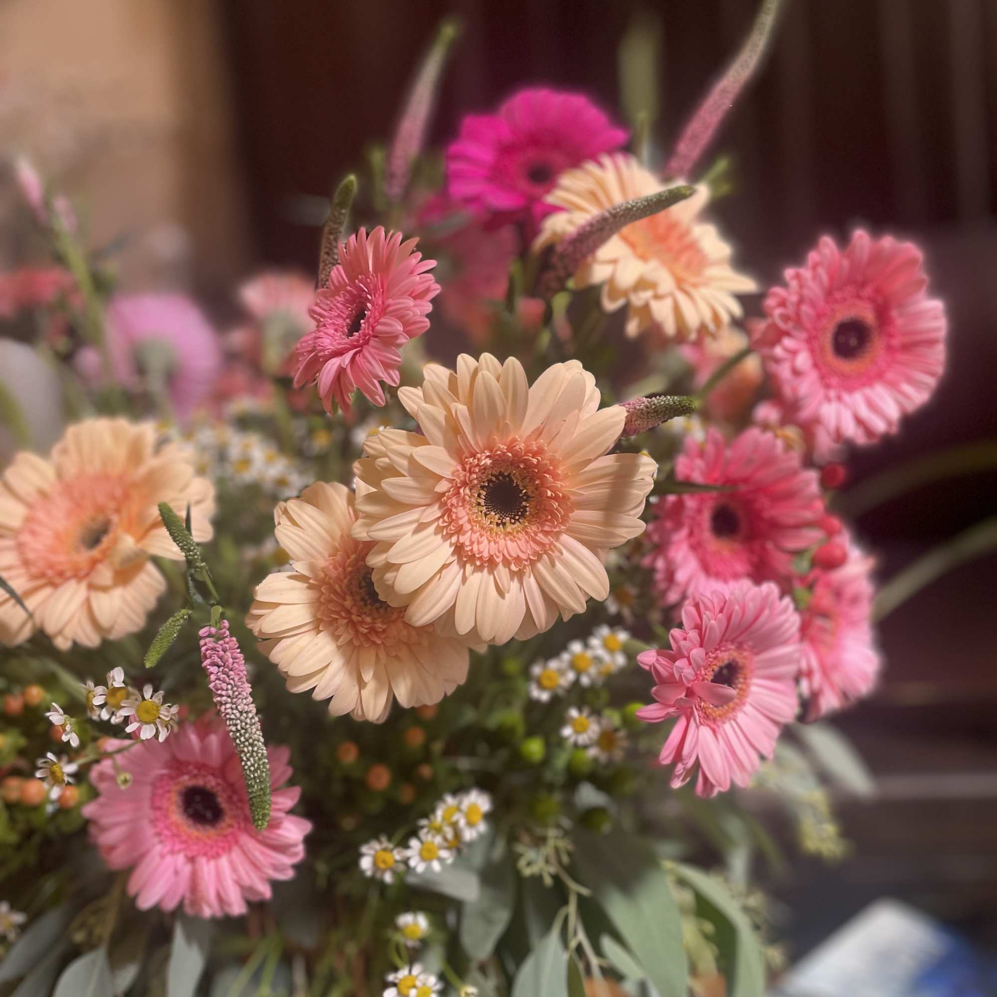 Bouquet of pink and peach gerbera daisies with small white filler flowers