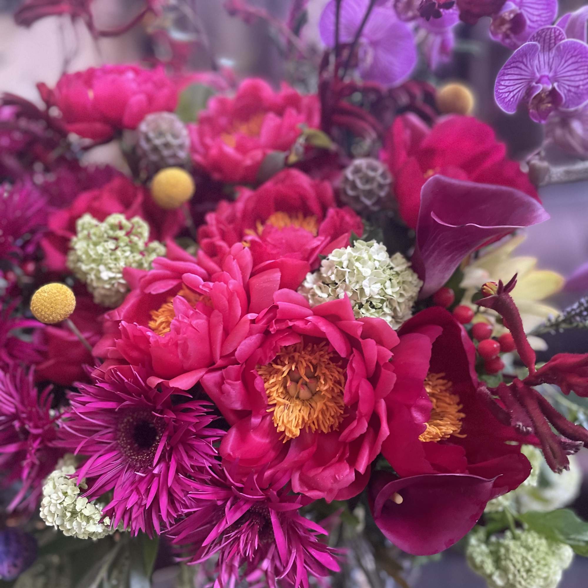 Bright pink bouquet with orchids and calla lilies