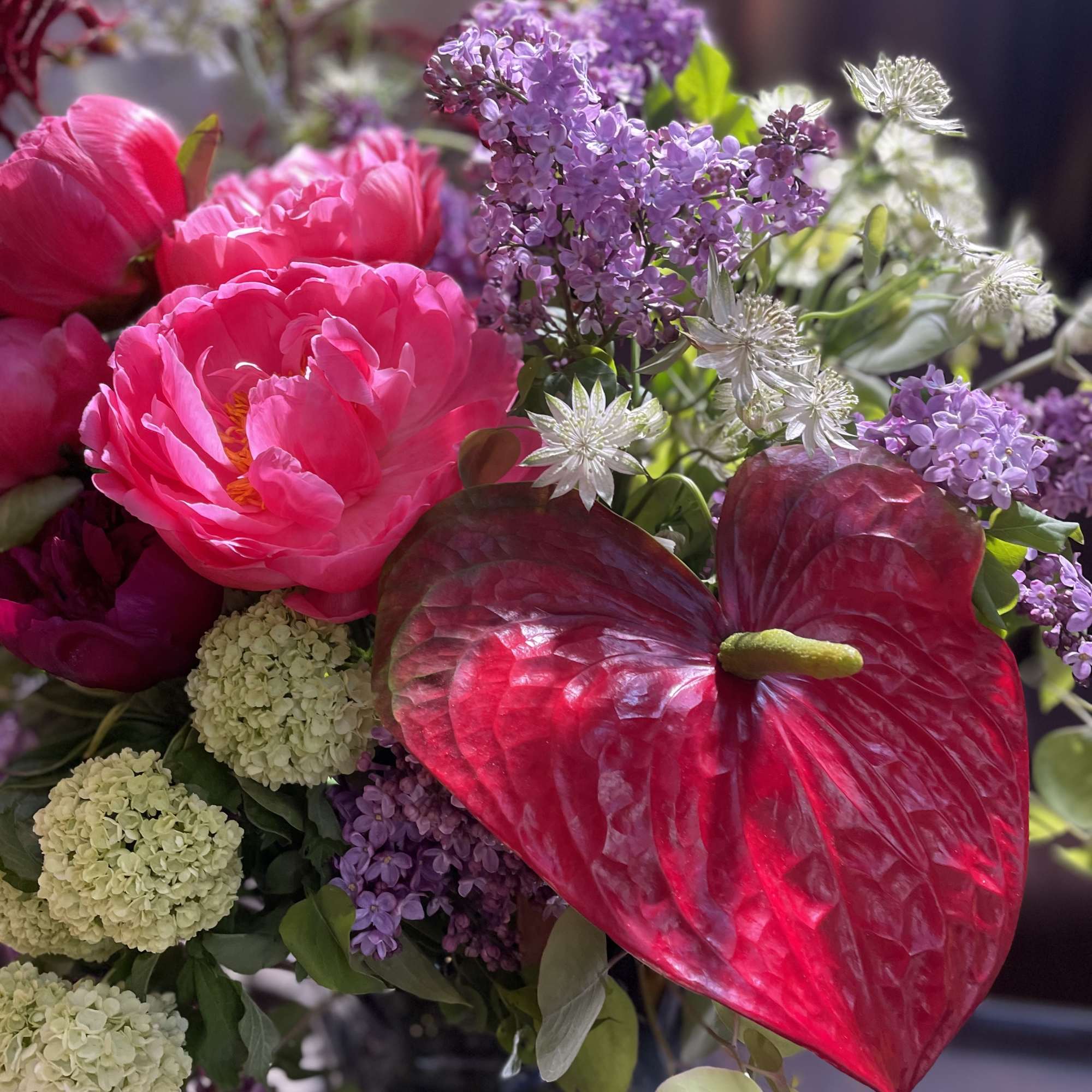 Pink peonies with purple lilac and red anthurium in a vase