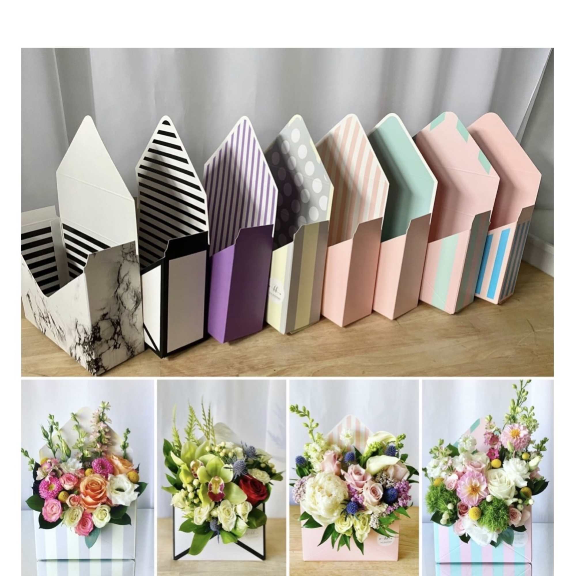 Assorted decorative flower boxes with striped and pastel lids