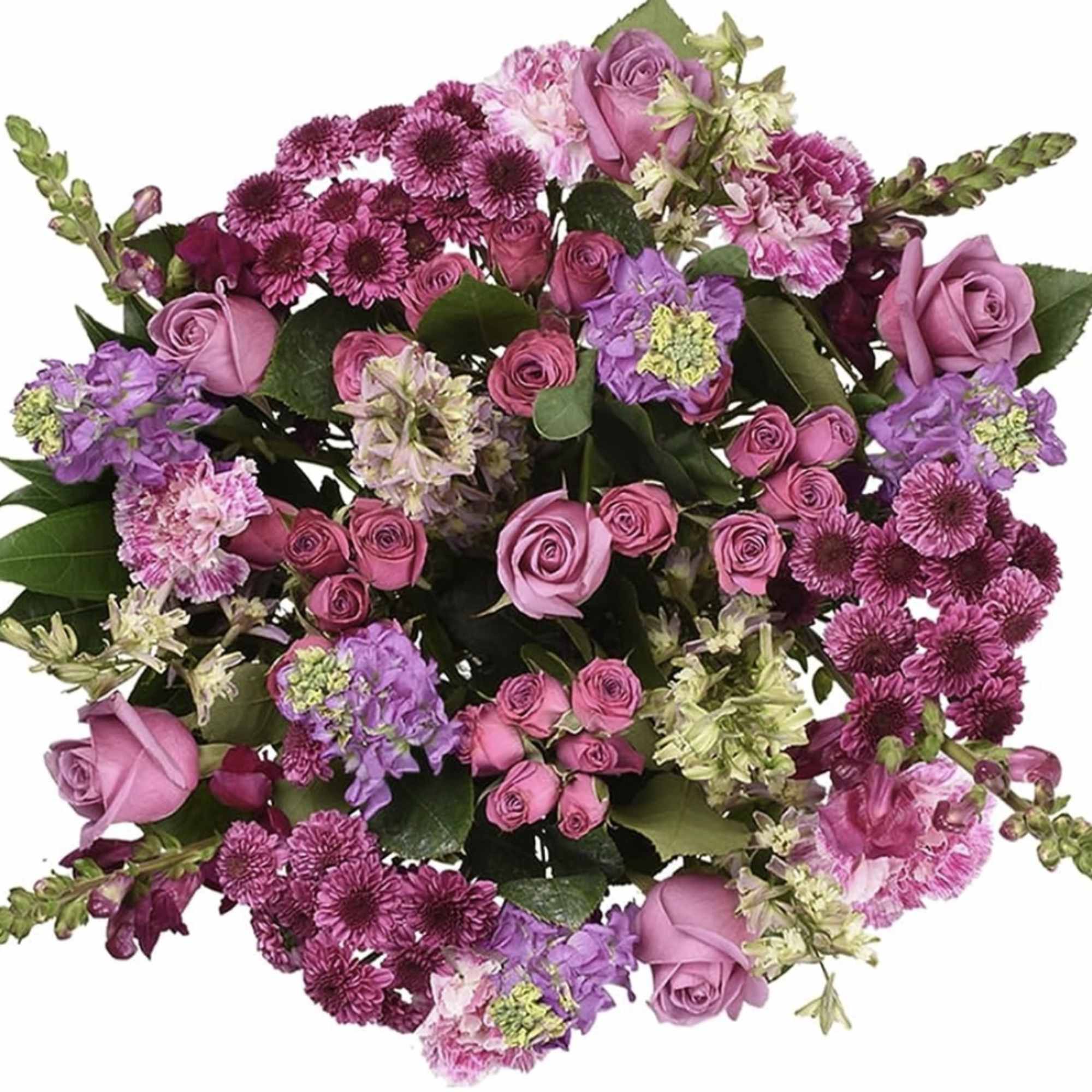 Round bouquet of pink and purple flowers with roses and mums