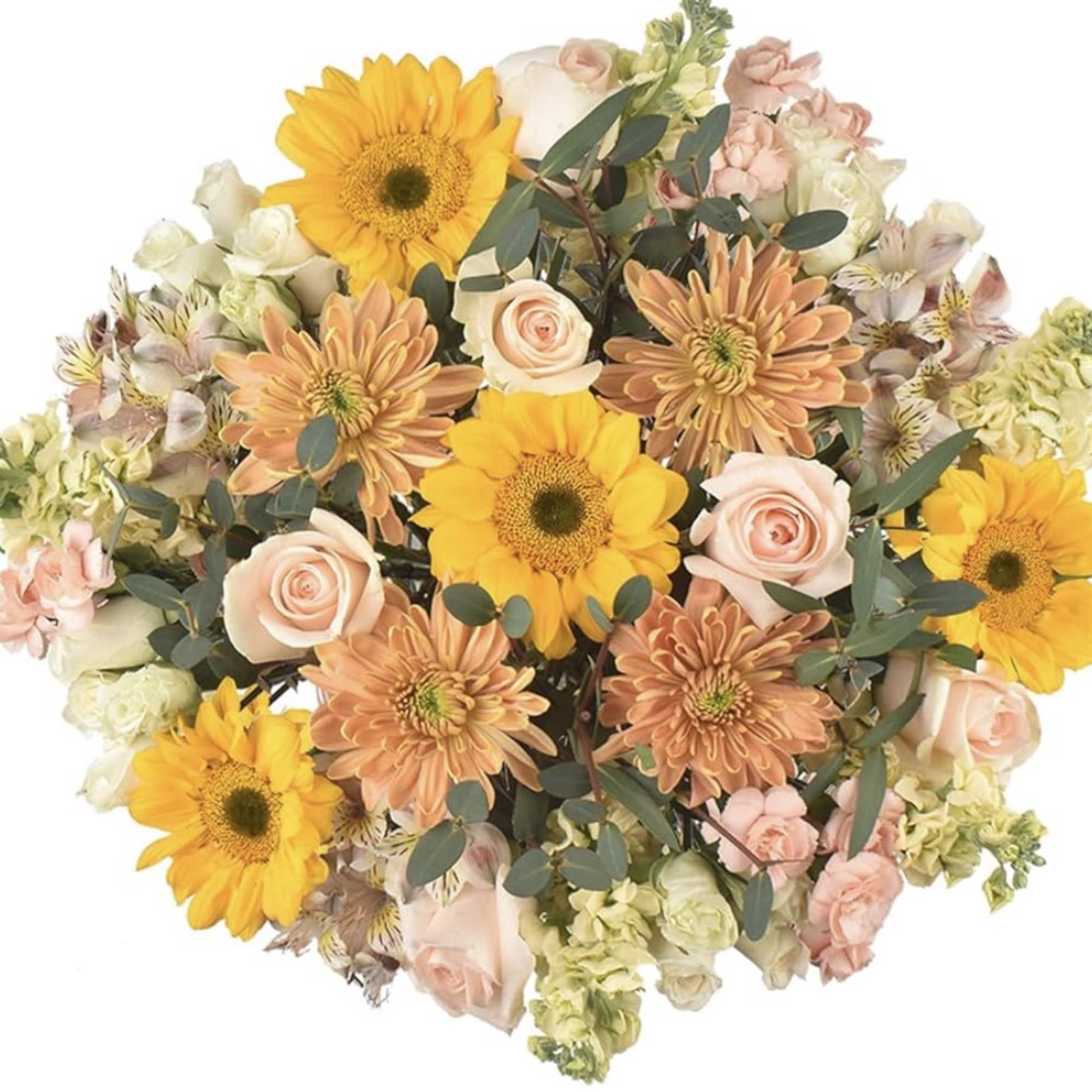 Bouquet of yellow sunflowers, peach roses, and pale blooms