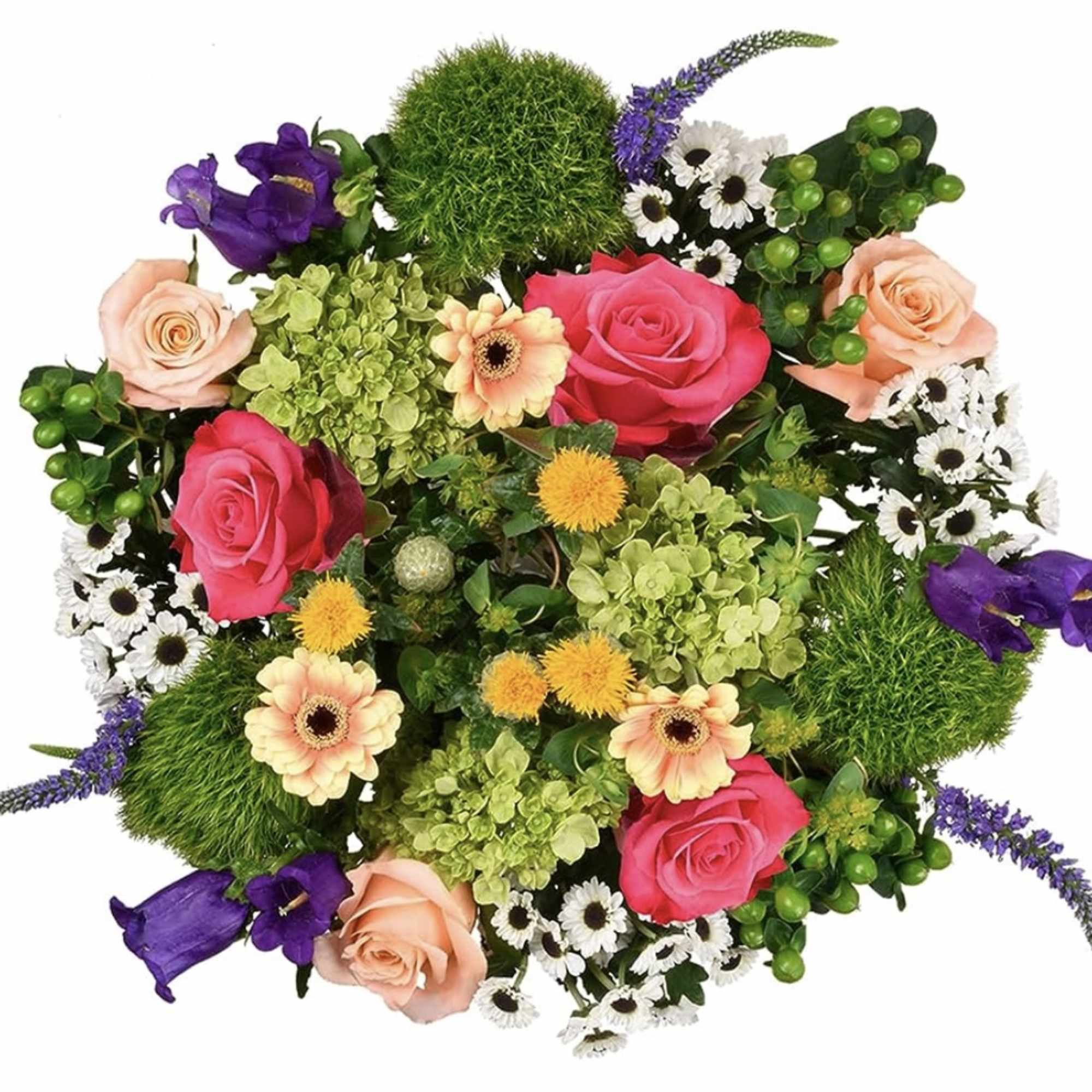 Round bouquet with pink and peach roses, purple blooms, and white daisies