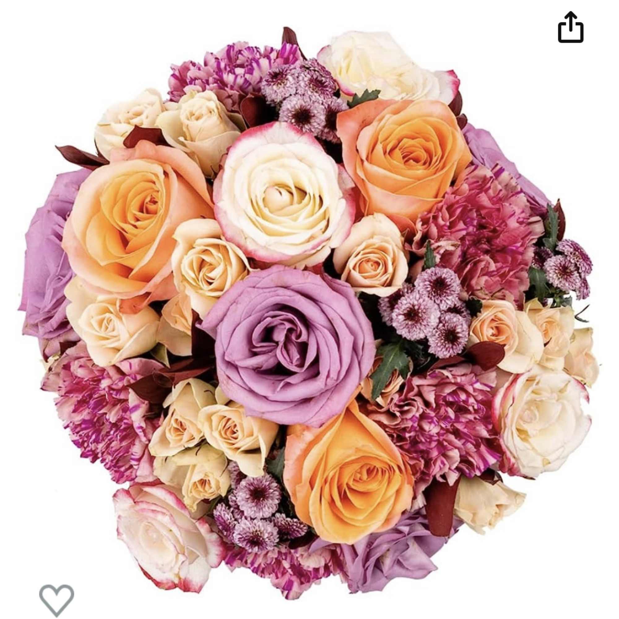 Round bouquet of roses and chrysanthemums in peach, pink, and lavender