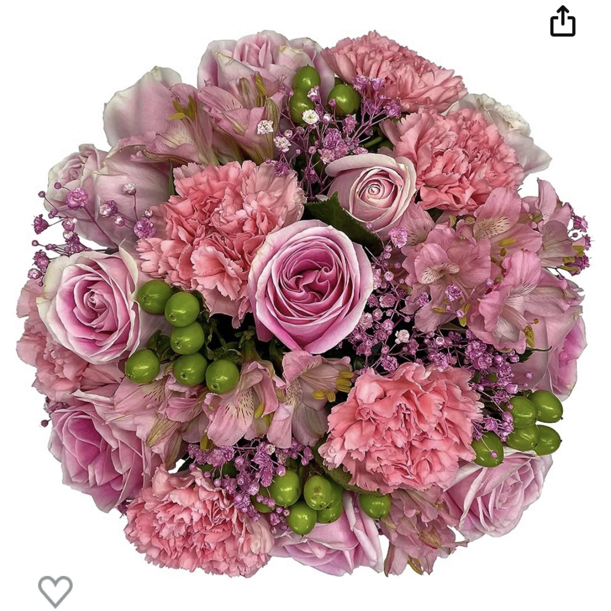 Pink roses and carnations arranged with small purple filler flowers