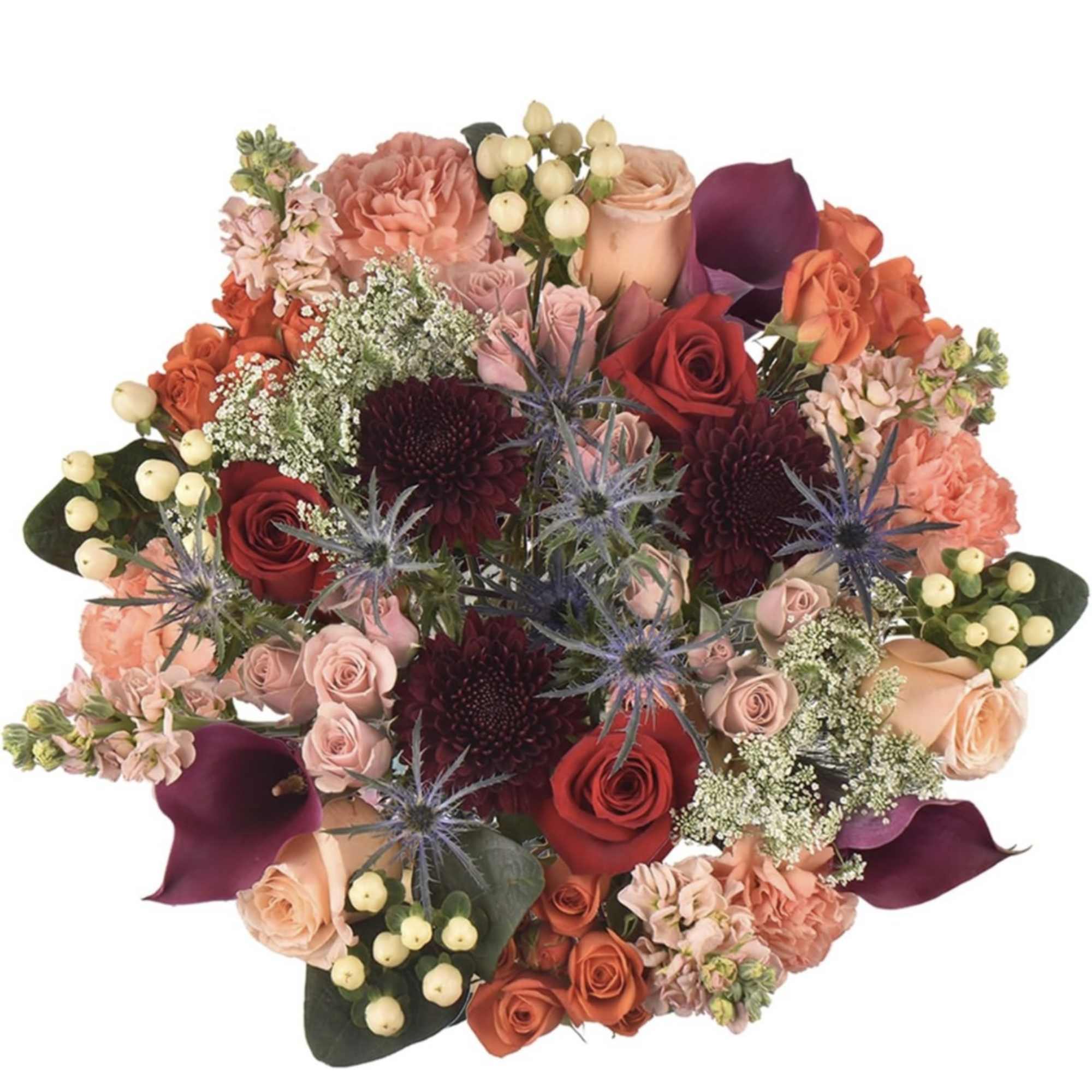 Mixed bouquet of roses, calla lilies, and dark thistles