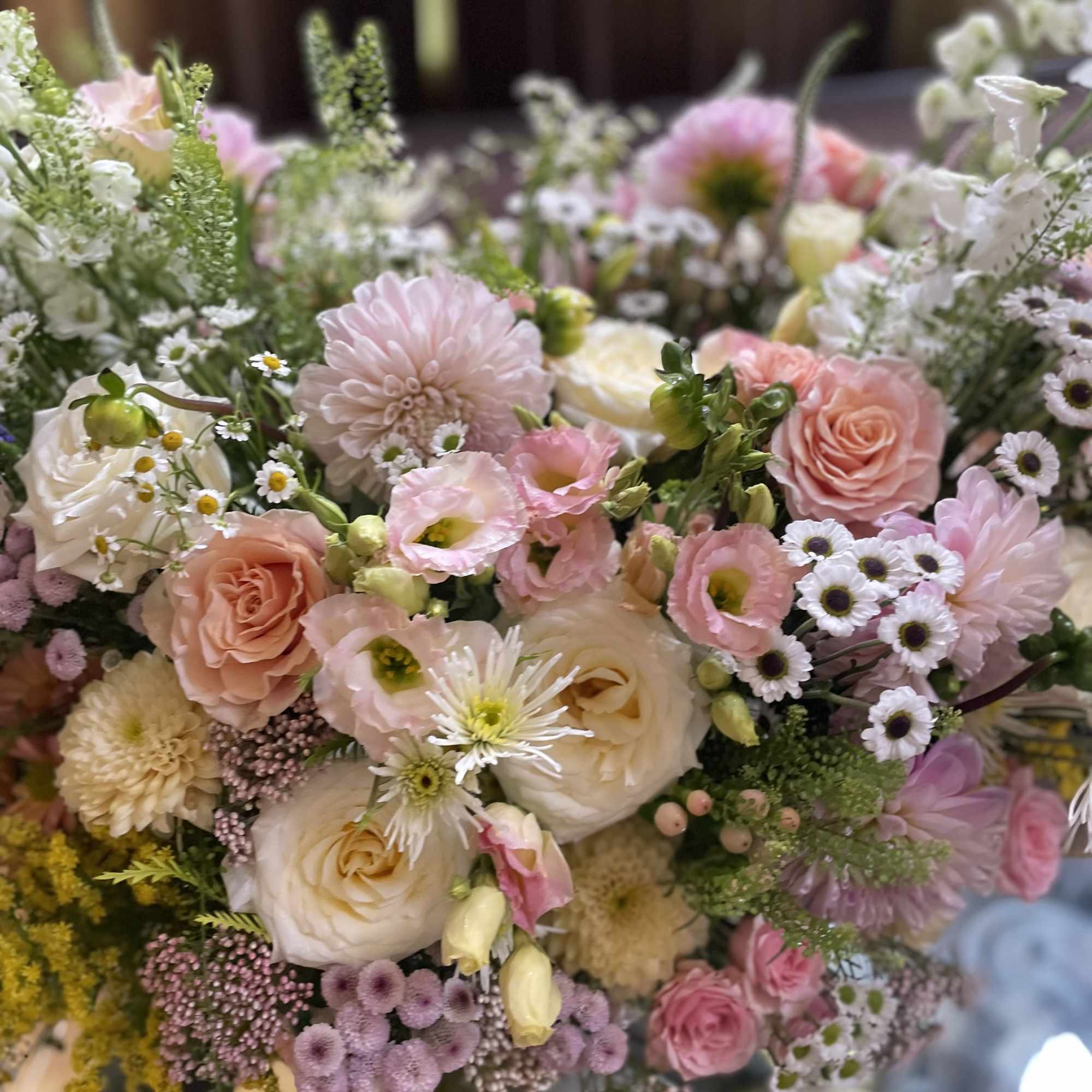 Bouquet of pink and white flowers with mixed blooms