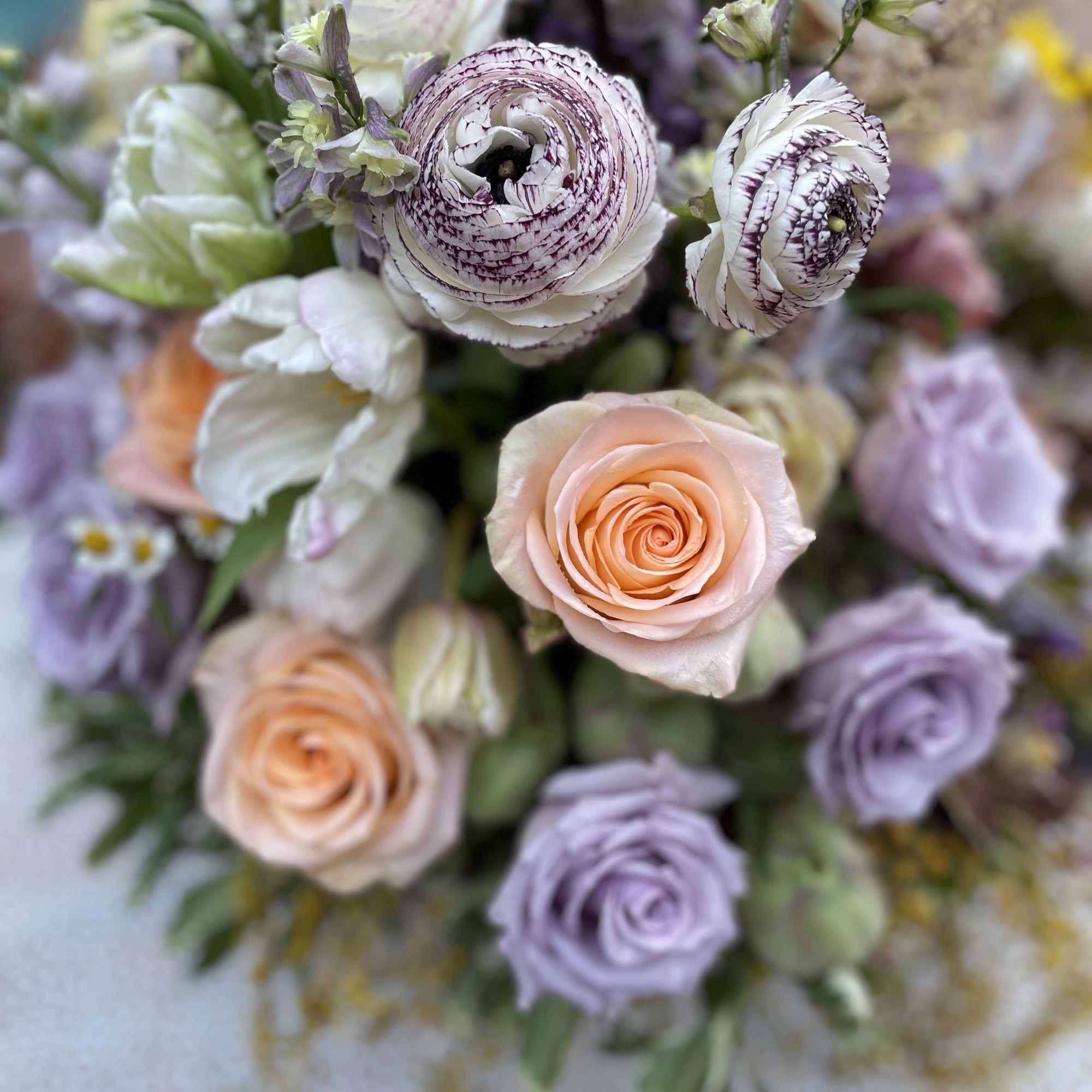 Bouquet of peach and lavender roses with white and purple striped blooms