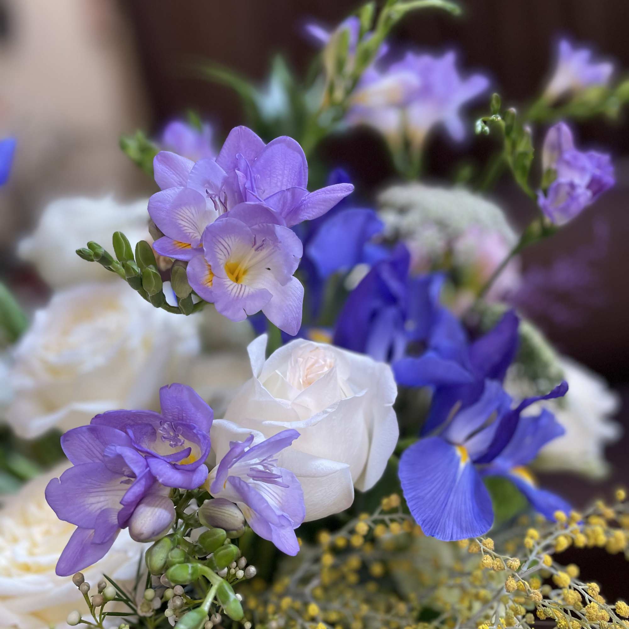 Purple and white flowers arranged in a bouquet