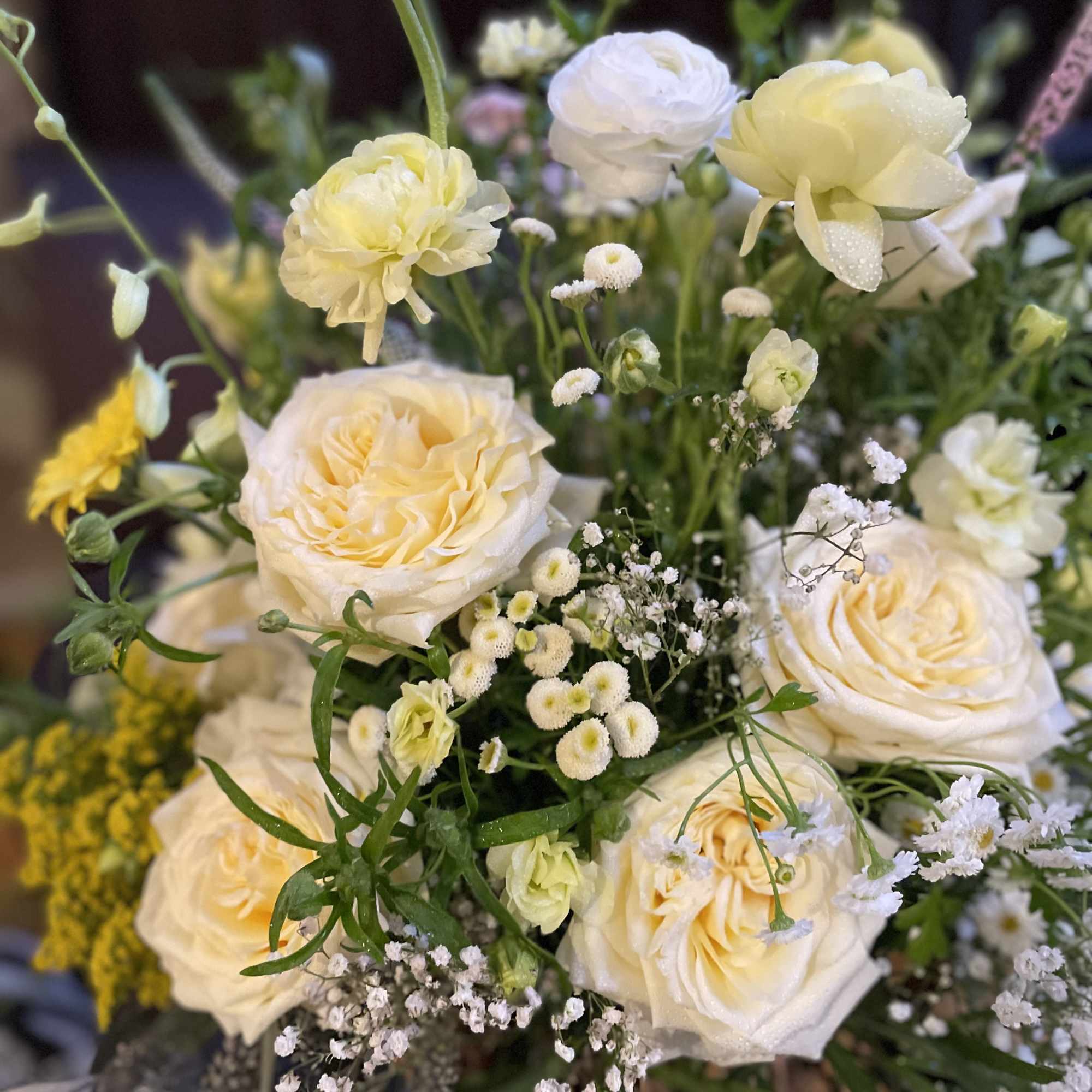 Cream roses and small white filler flowers in a loose bouquet