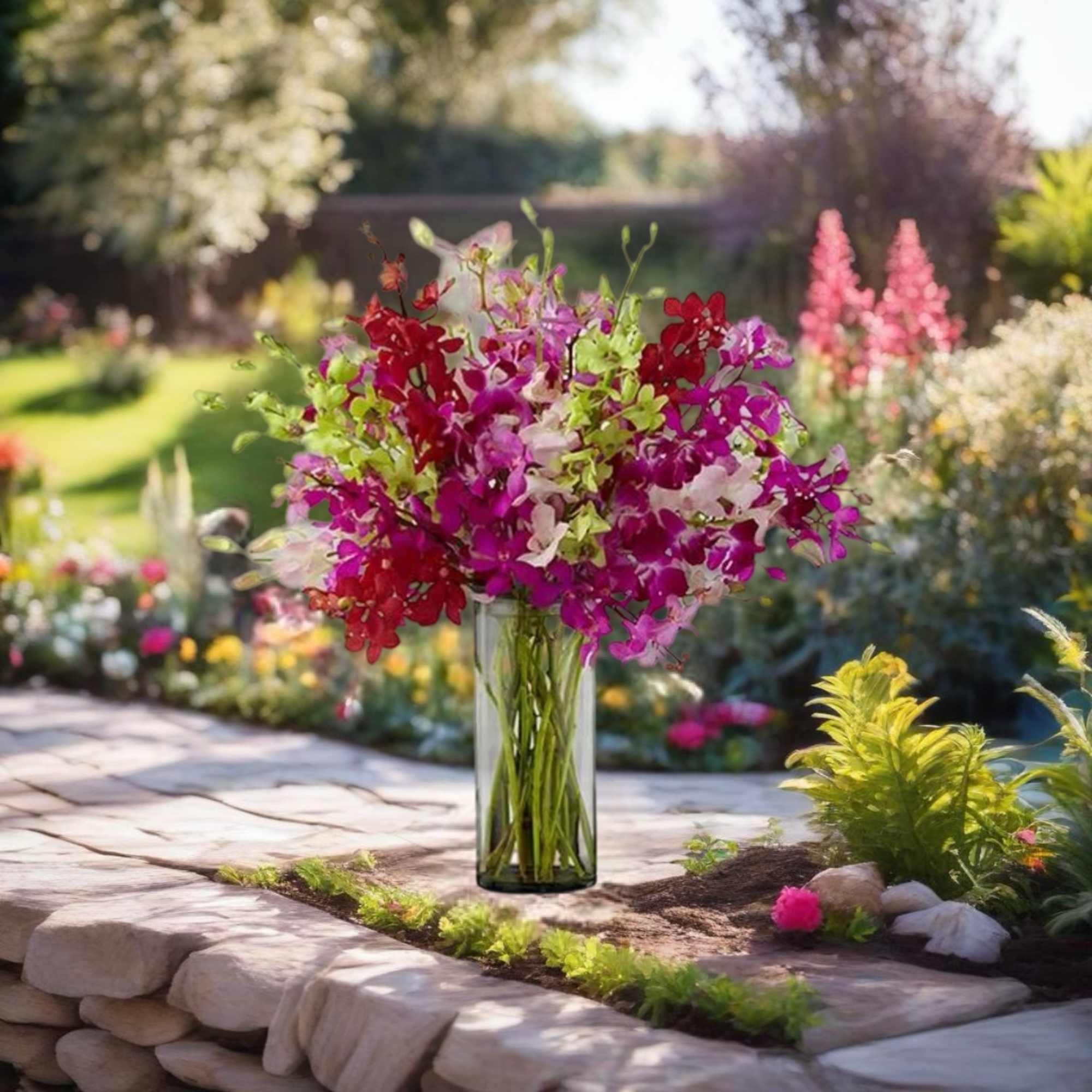 Colorful orchid bouquet in a clear glass vase outdoors