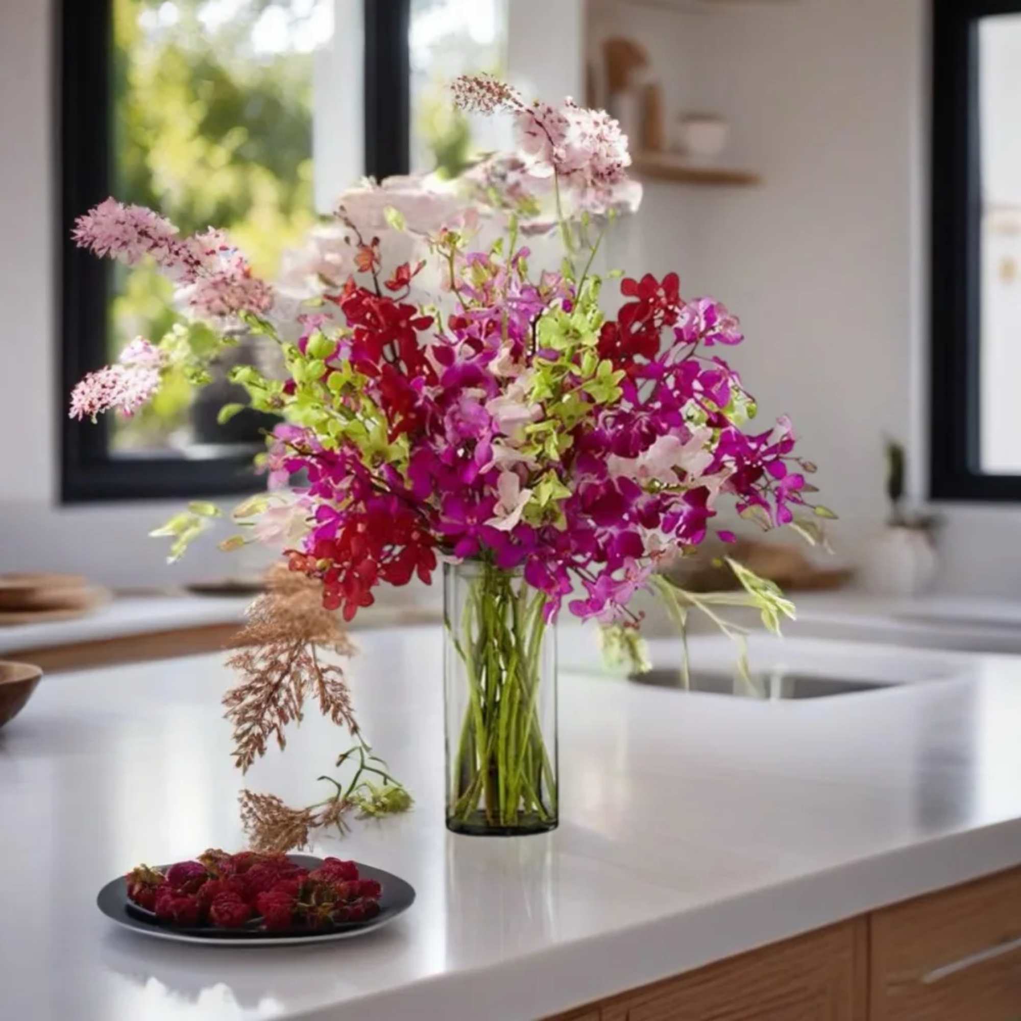 Mixed pink, purple, and white flowers in a glass vase on a kitchen counter