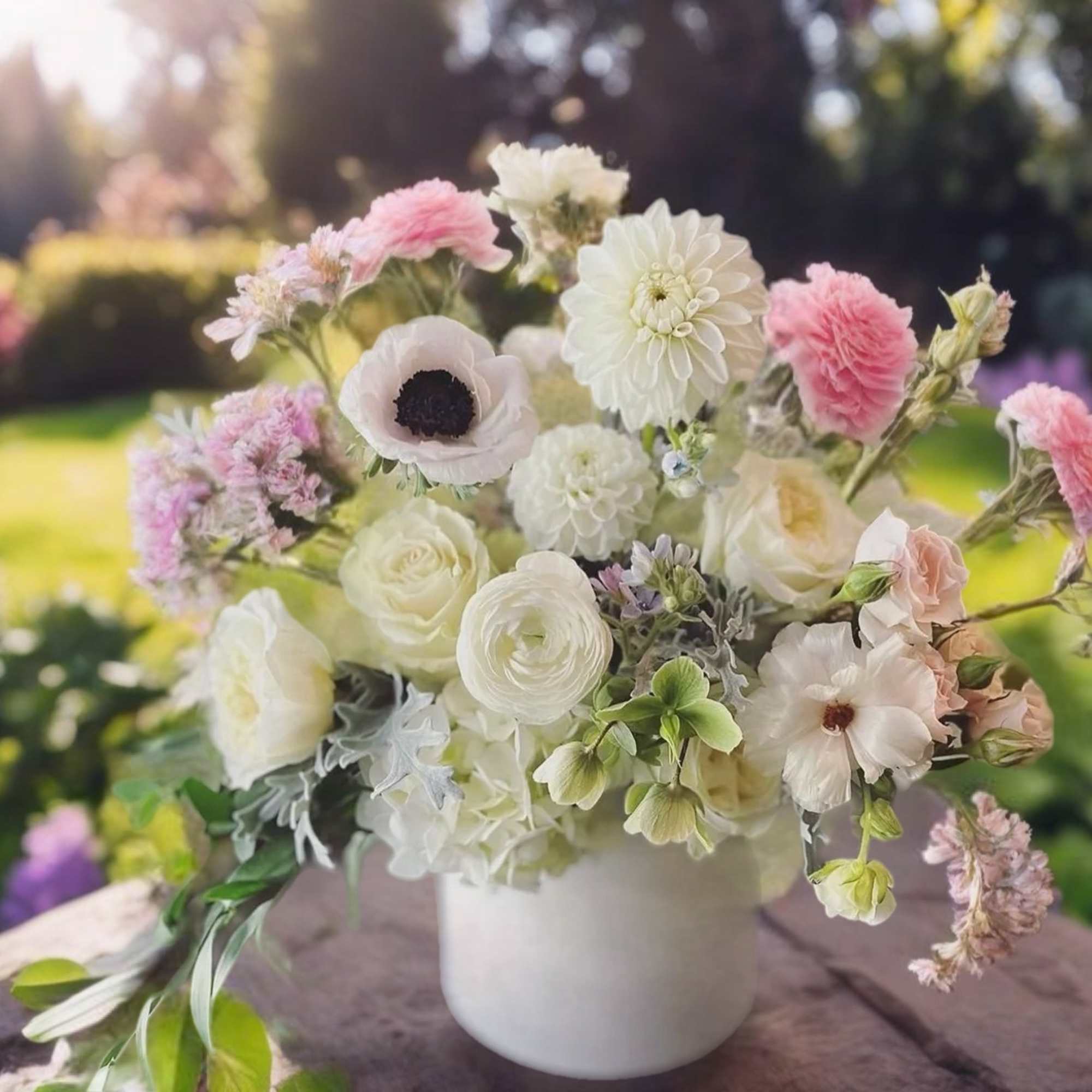 White and blush mixed bouquet in a white vase