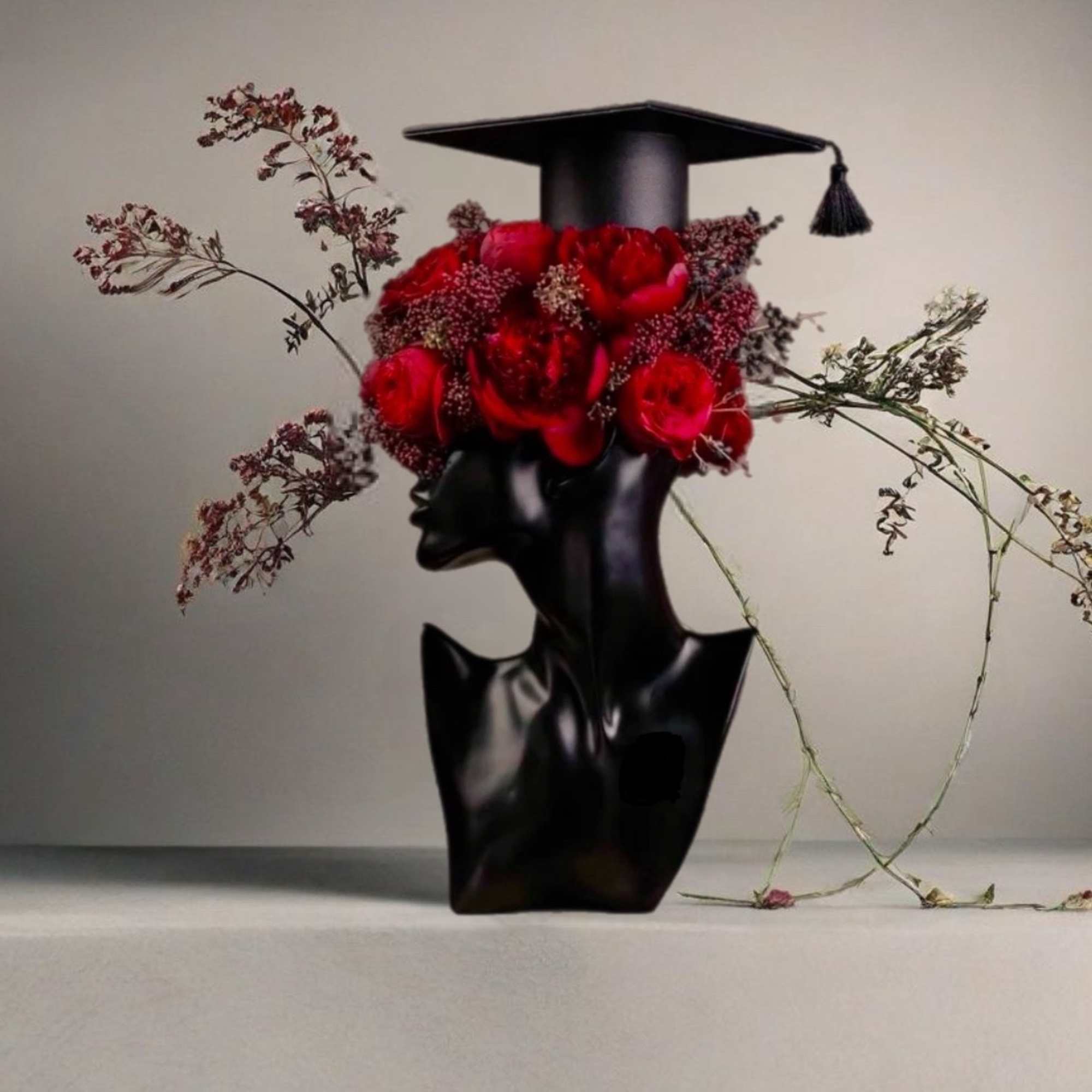Red roses arranged on a black graduation cap and vase-shaped base