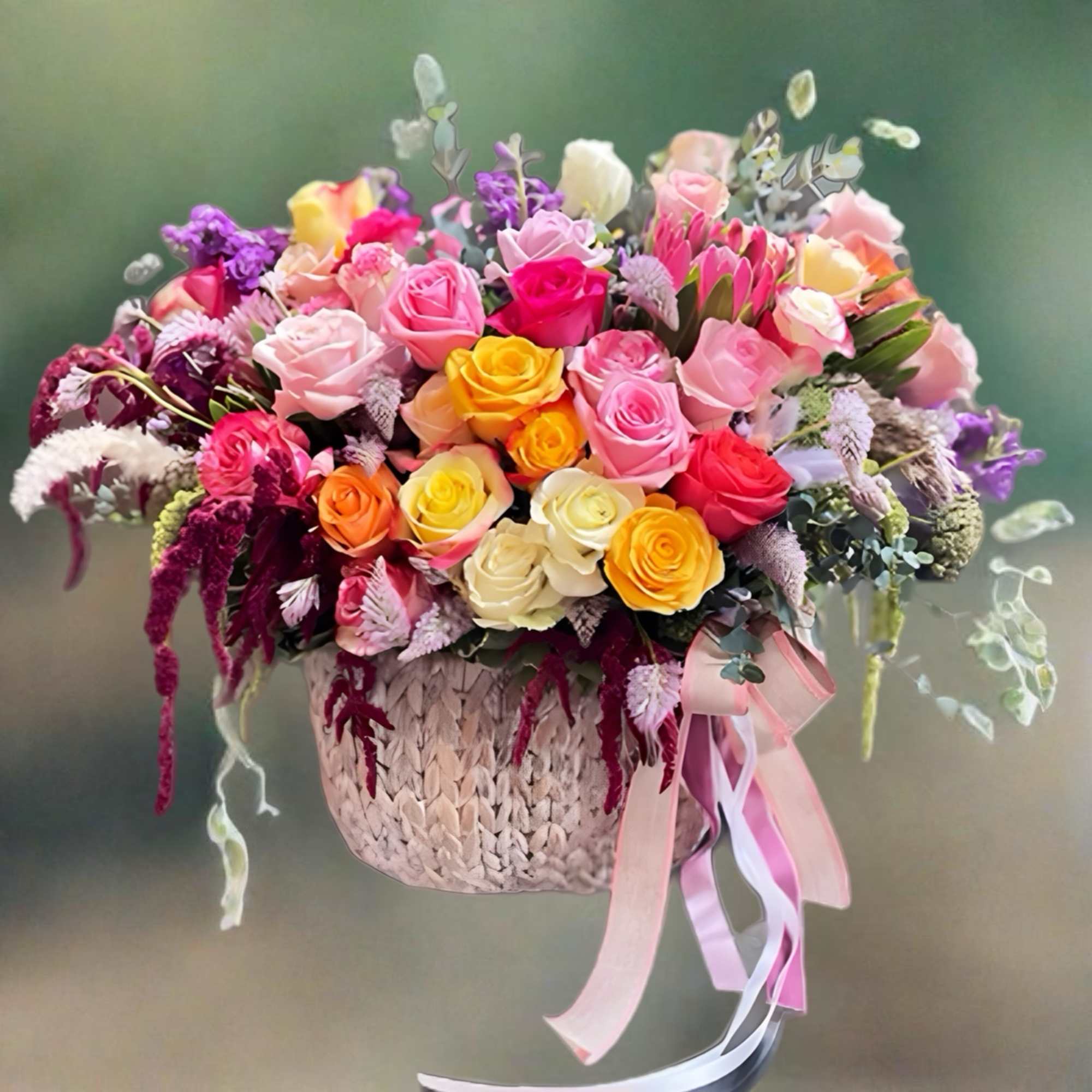 Mixed bouquet of colorful roses in a woven basket with pink ribbons