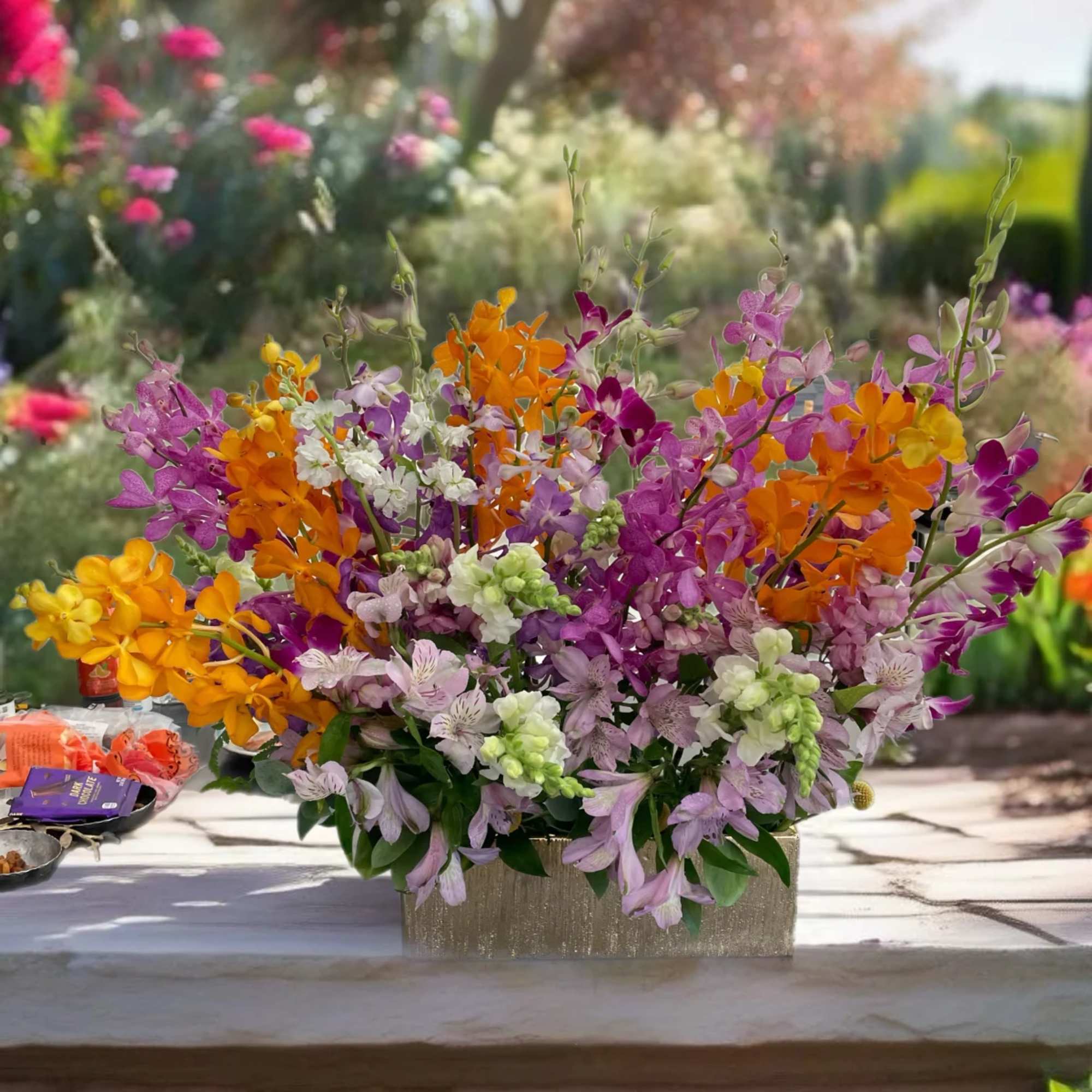 Bright mixed orchid arrangement in a rectangular gold container