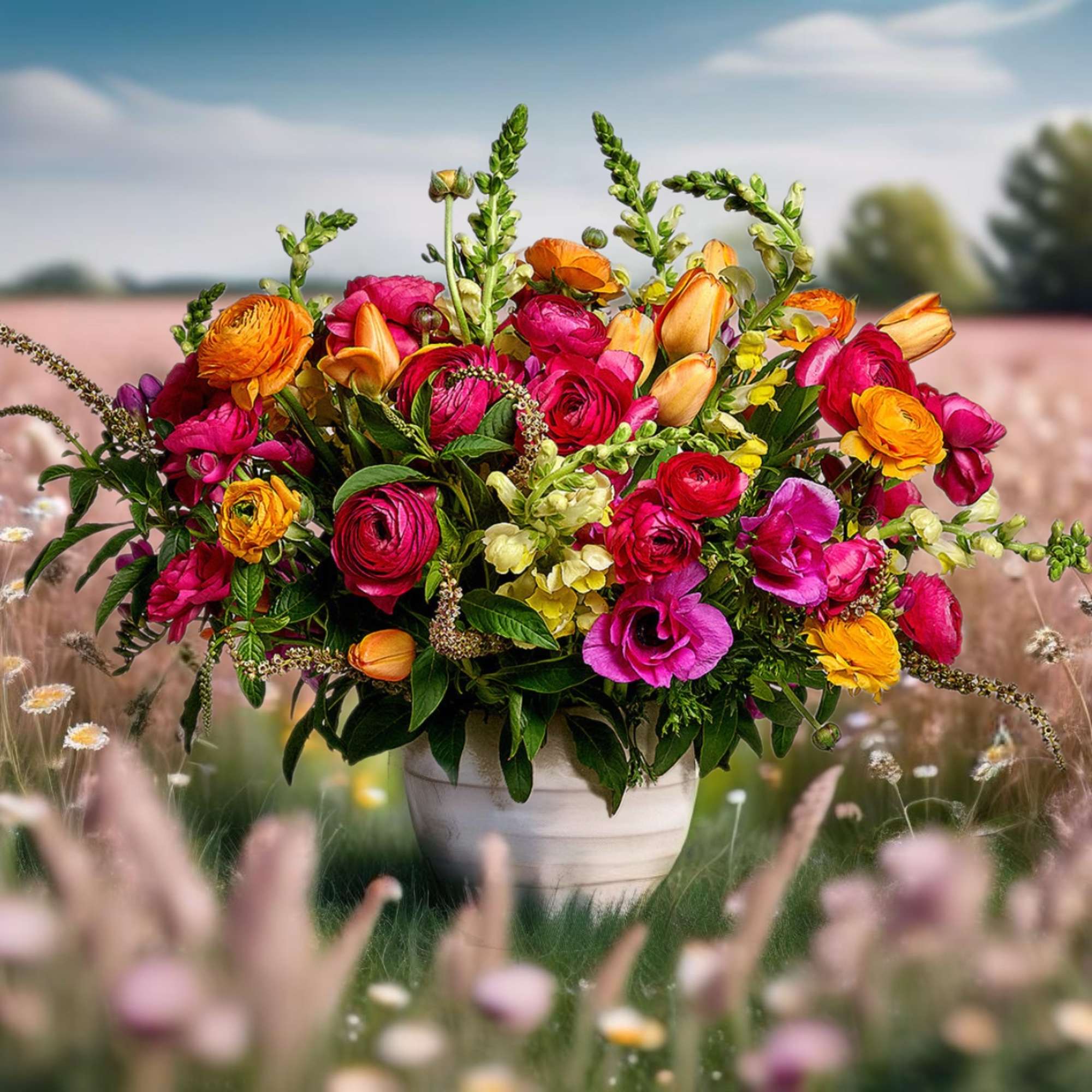 Bright mixed bouquet in a white vase with pink, orange, and yellow blooms.