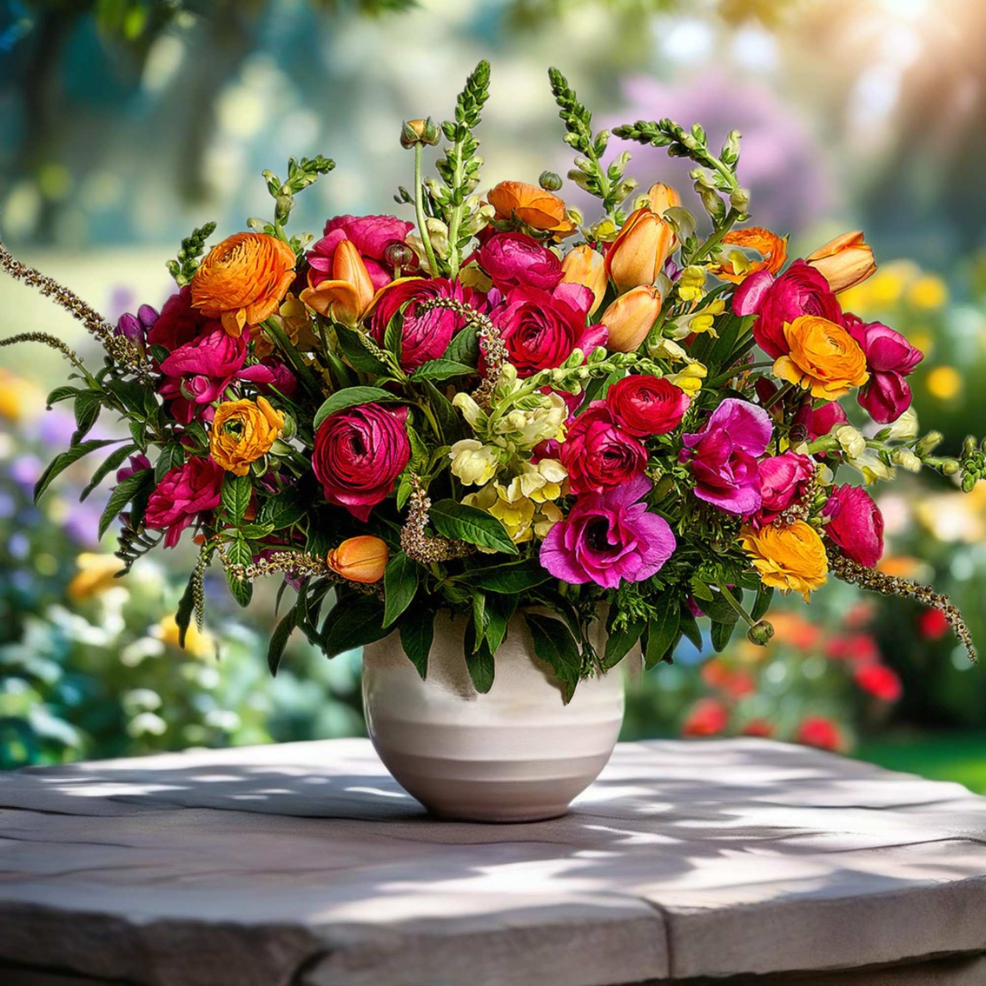 Bright mixed bouquet of pink, orange, and yellow flowers in a white vase
