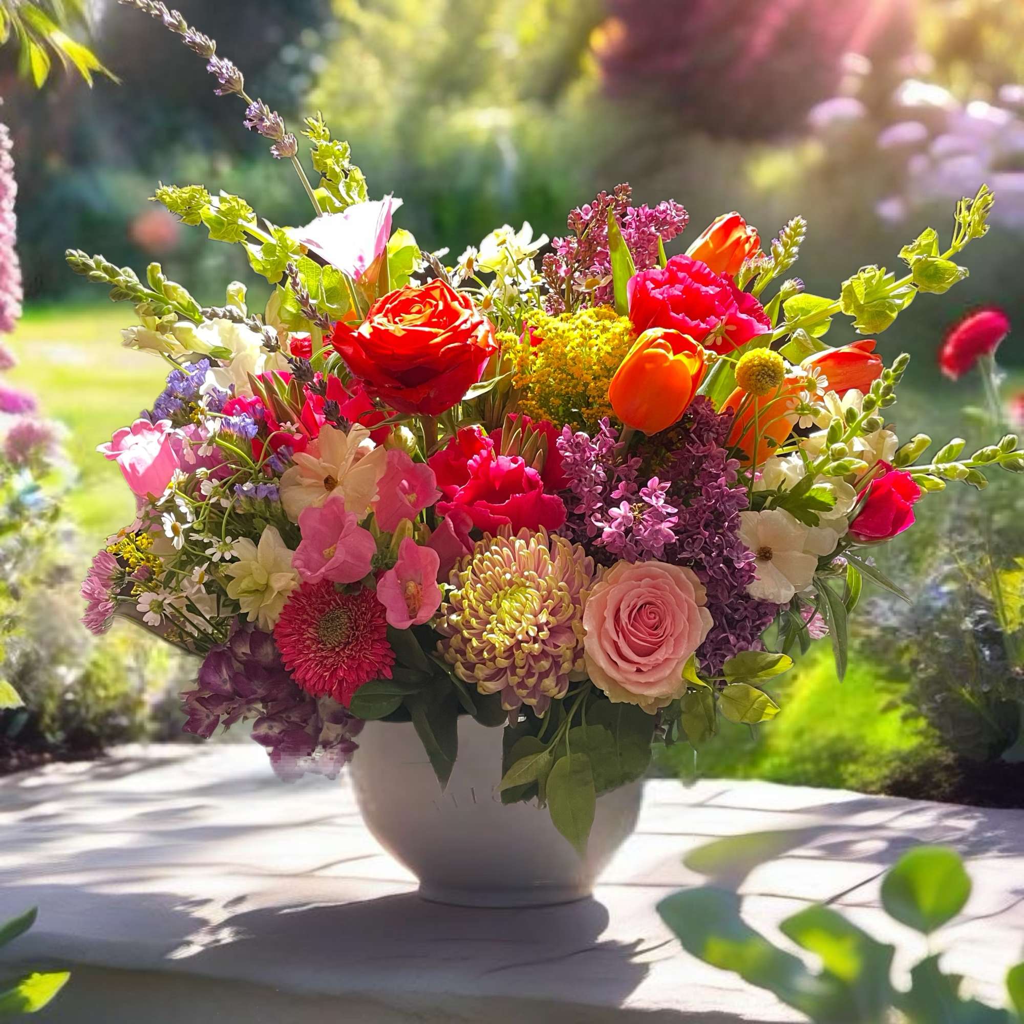 Colorful mixed flower arrangement in a white vase, photo 2 of 2