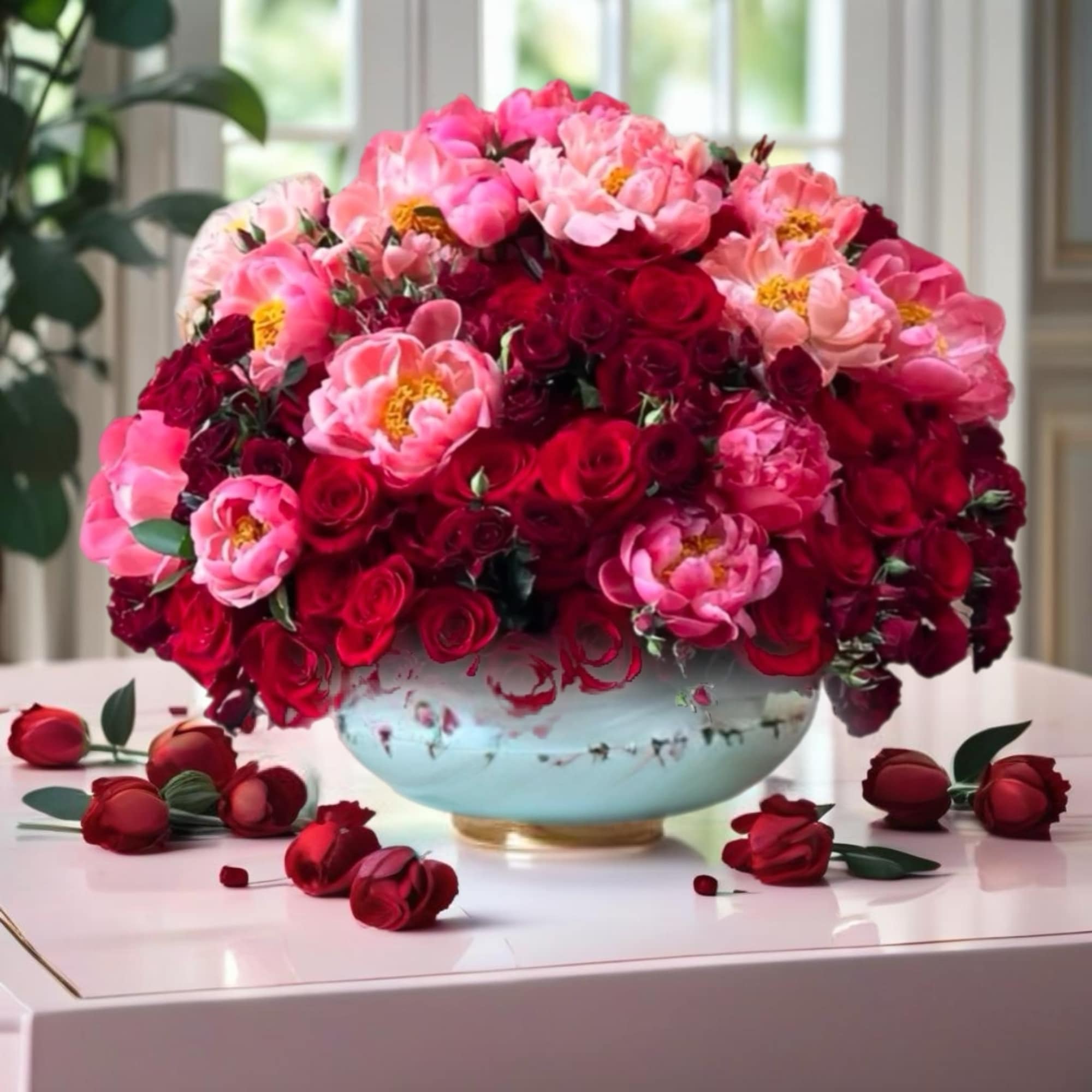 Large bouquet of pink and red roses in a pale blue vase