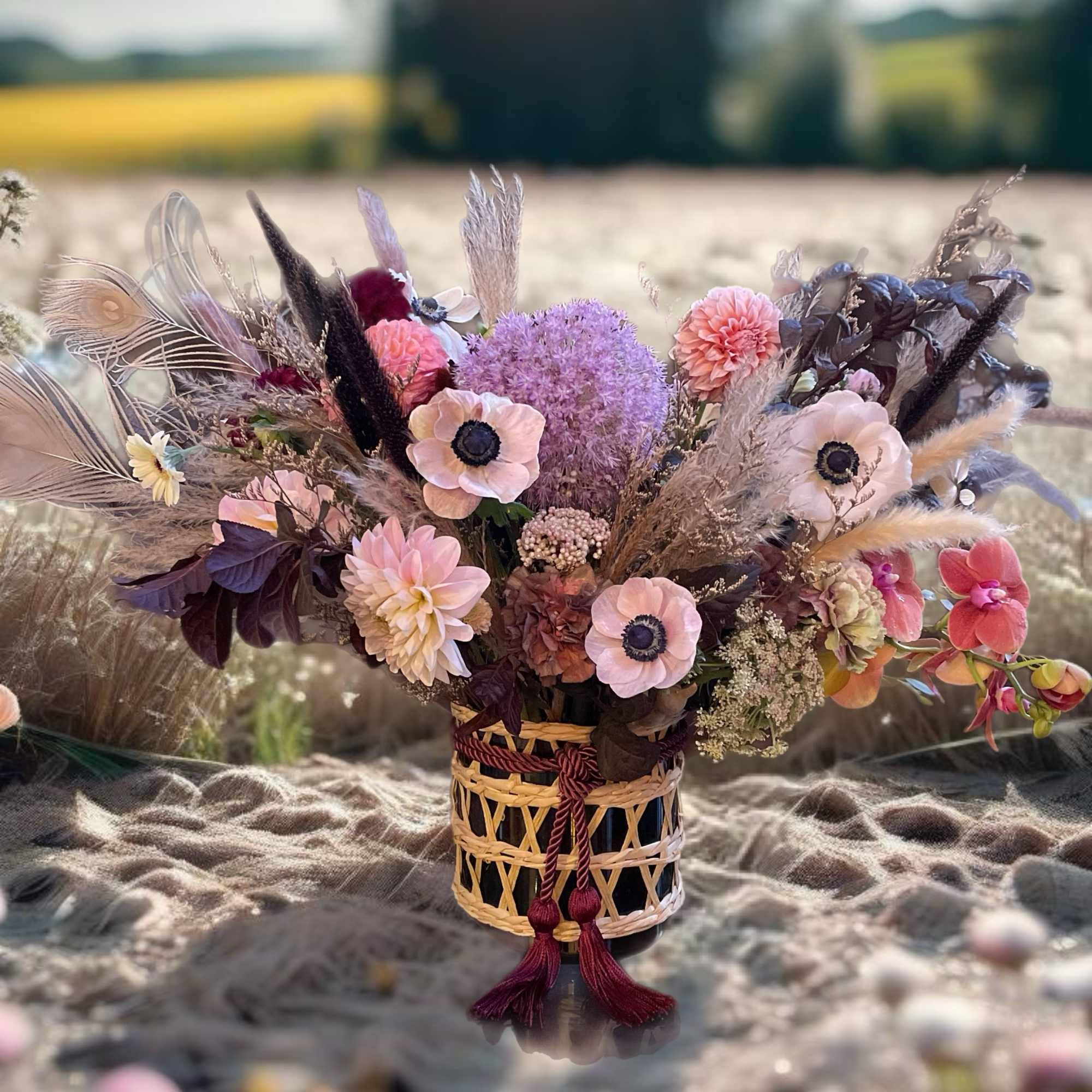 Dried floral arrangement in a woven vase with pink and purple blooms