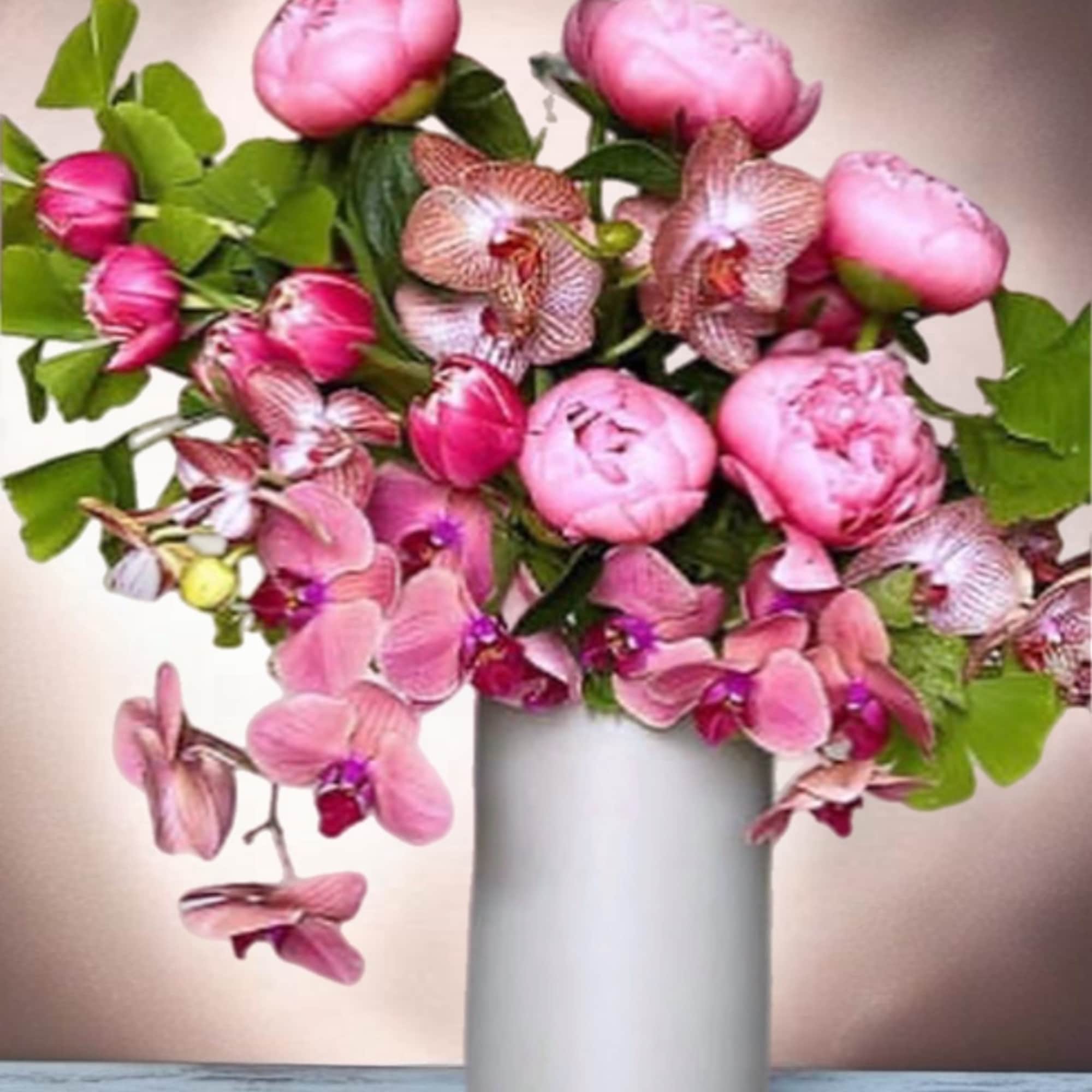 Pink peonies and orchids arranged in a white vase, photo 2 of 2