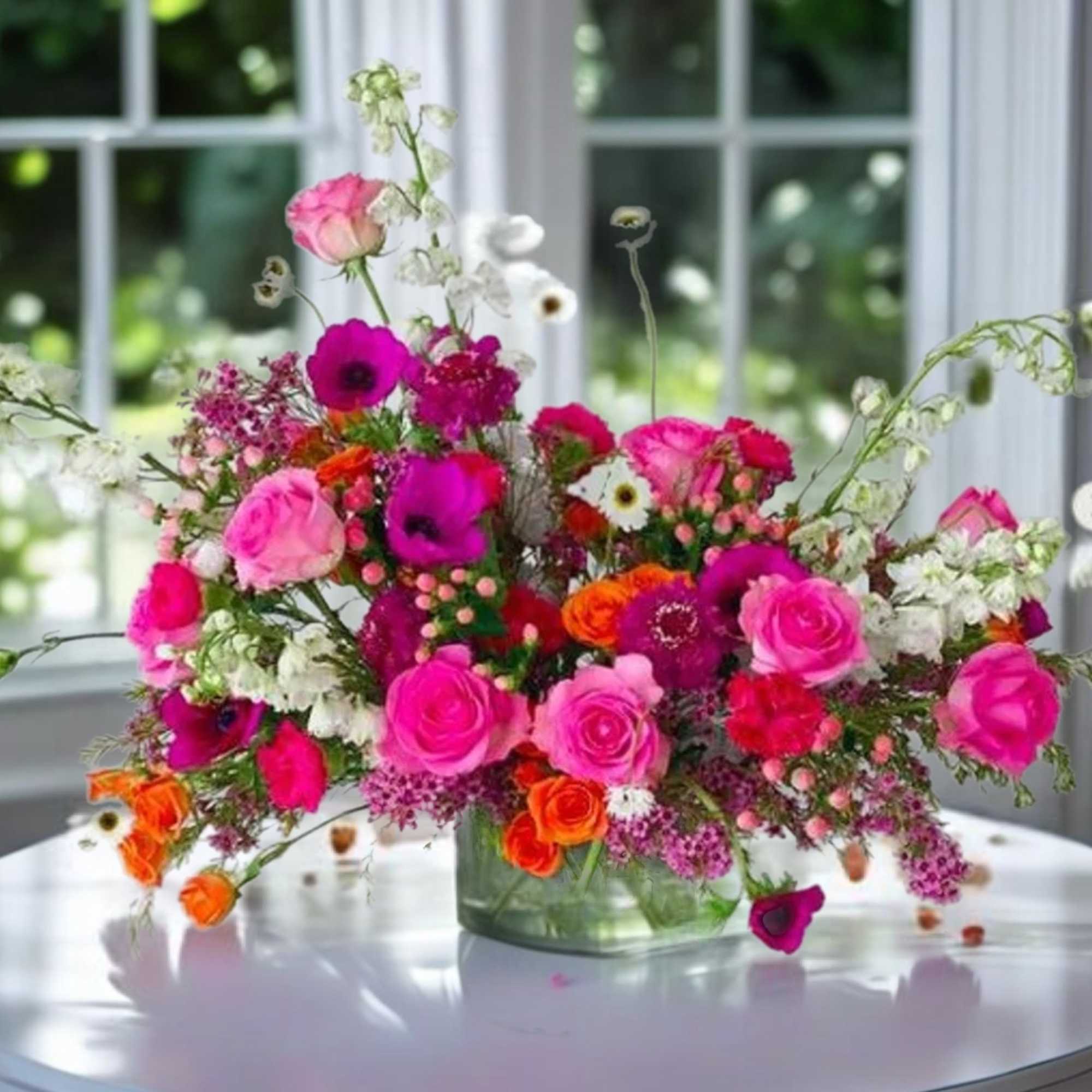 Bright pink and orange mixed bouquet in a glass vase