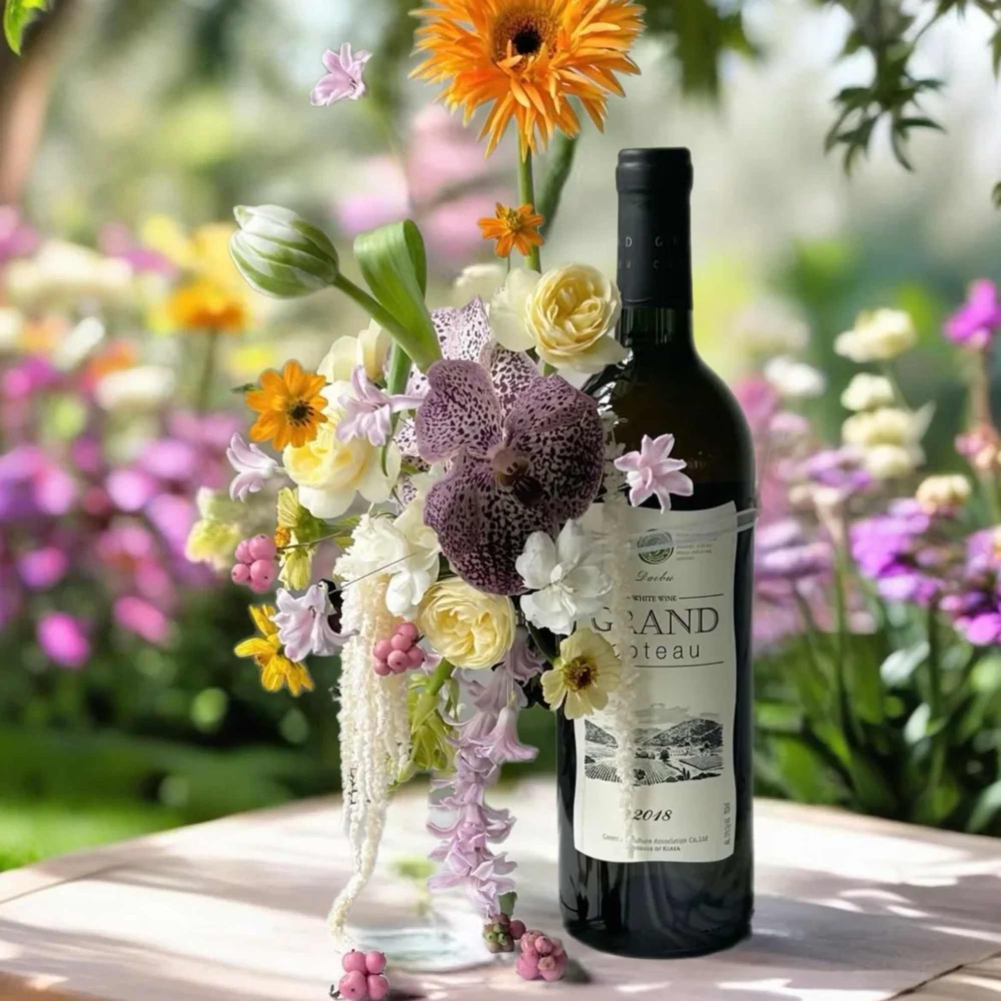 Flower arrangement beside a wine bottle in a glass vase