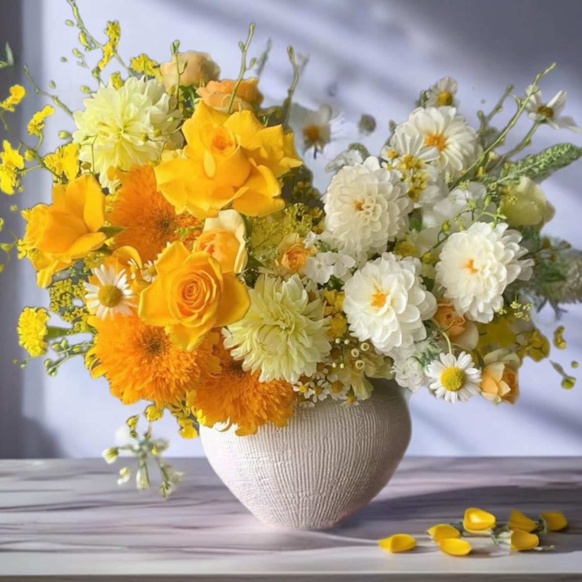 Yellow and white mixed flower arrangement in a textured vase