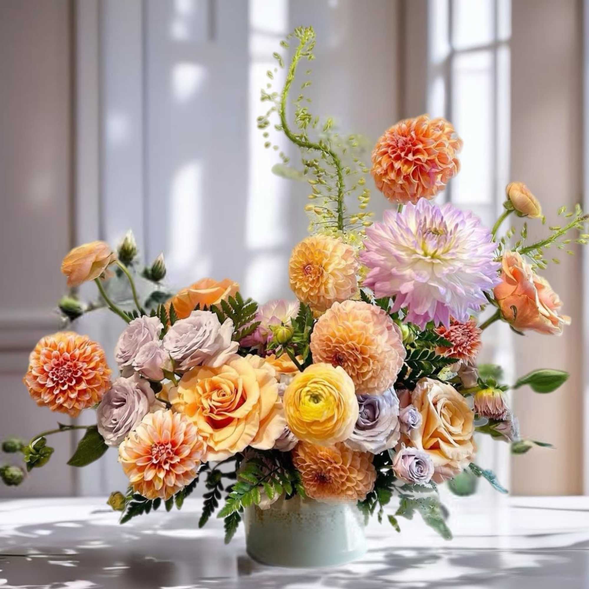 Mixed peach, lavender, and yellow flowers in a pale vase